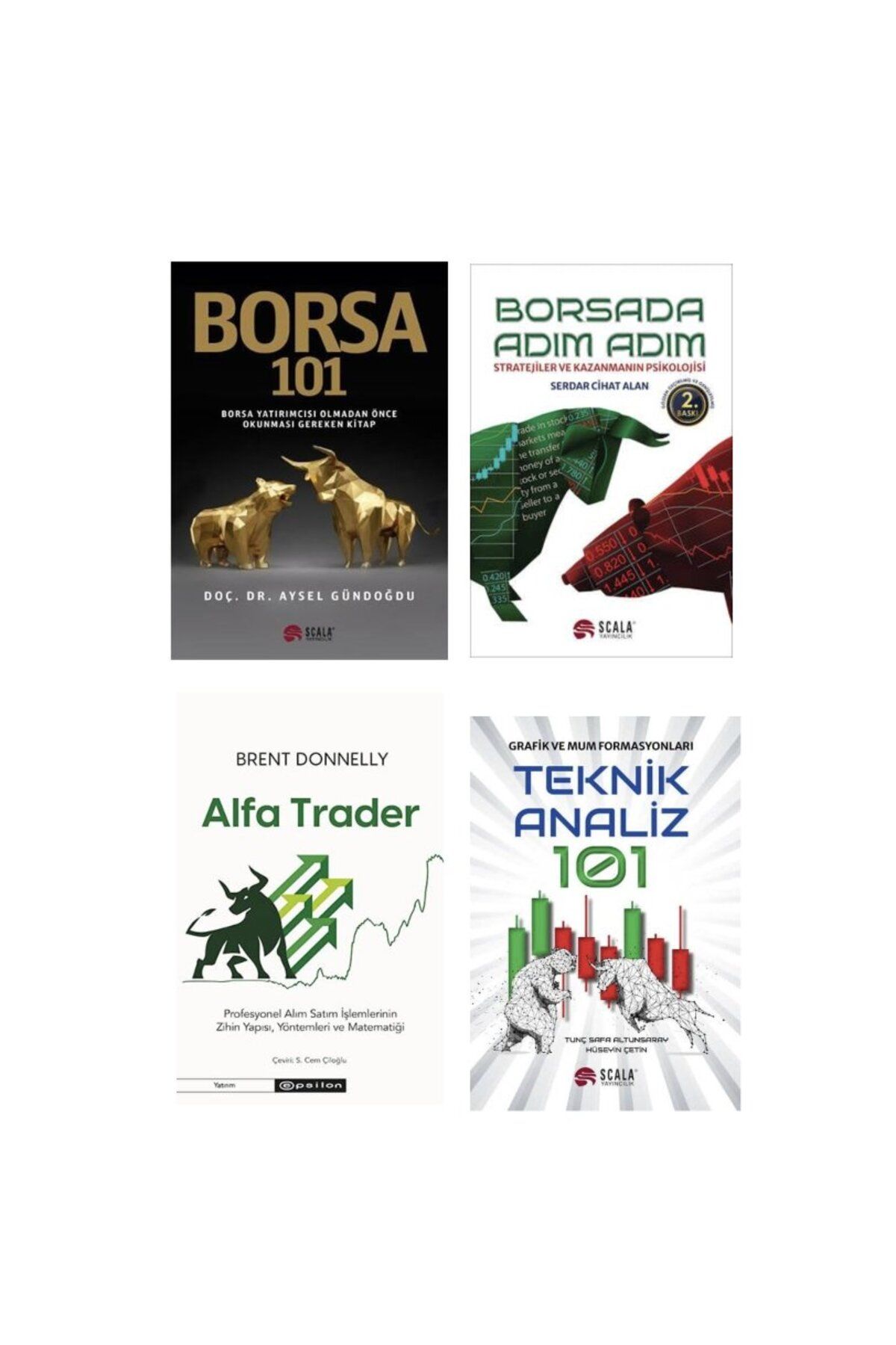 Scala Yayıncılık borsa 101 + borsada adim adim + alfa trader +teknik analiz 101 ( grafik ve mum formasyonlari)=4 set