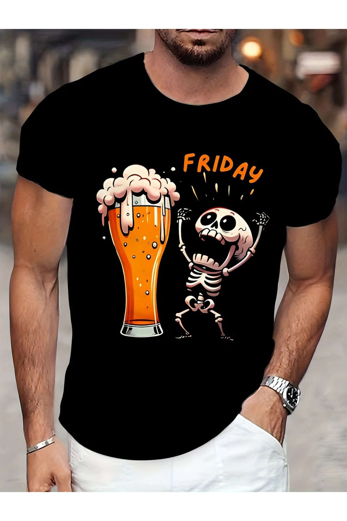 LUNAVISTA 3D Bira İskeleti Tişörtü - Komik "Cuma" Baskısı, Rahat Yuvarlak Yaka Tişörtü,