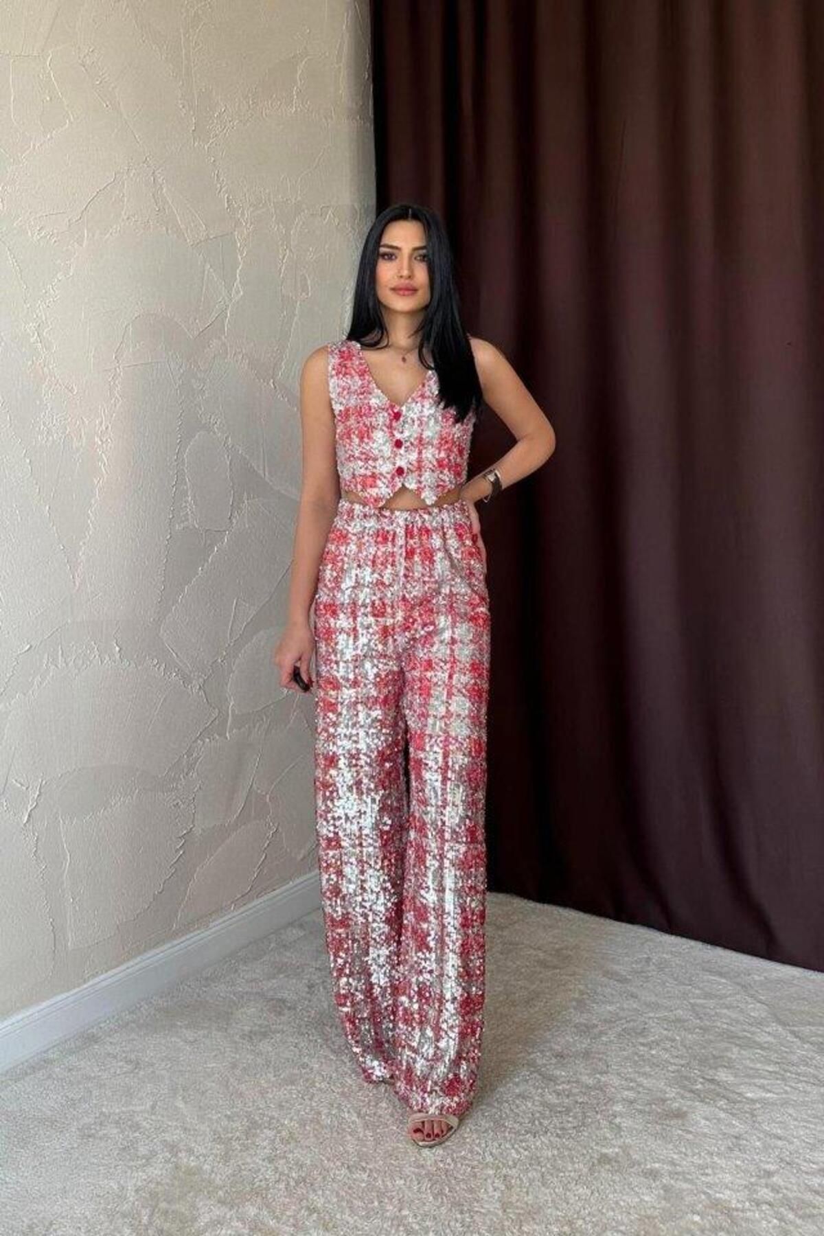 MAREANDPANDA Kırmızı Pullu Yelek Ve Pantolon Takım