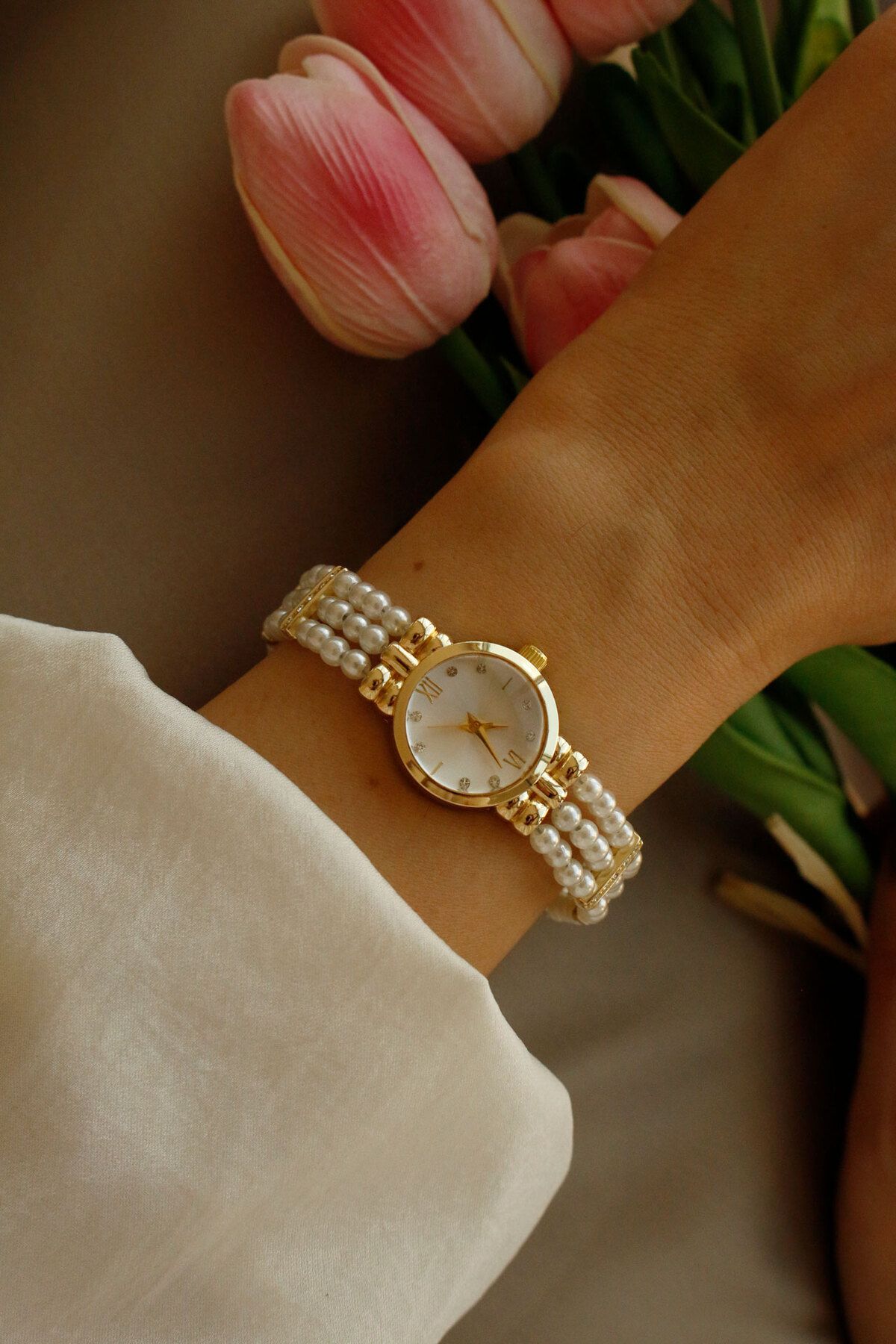 KOMBİNOLOJİ Pearl Gold Yuvarlak Metal İncili Kol Saati 10