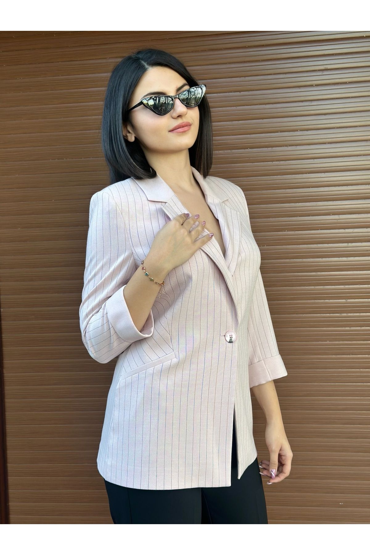 FemiChic Çizgili Oversize Blazer Ceket