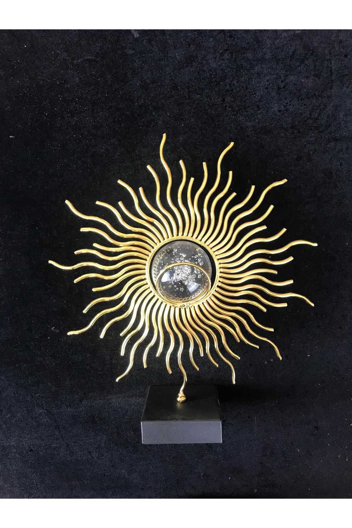 Farklıevim Dekoratif Büyük Metal Güneş Ortası Baloncuklu Kristal Küre Gold Masaüstü Aksesuar - Hediyelik