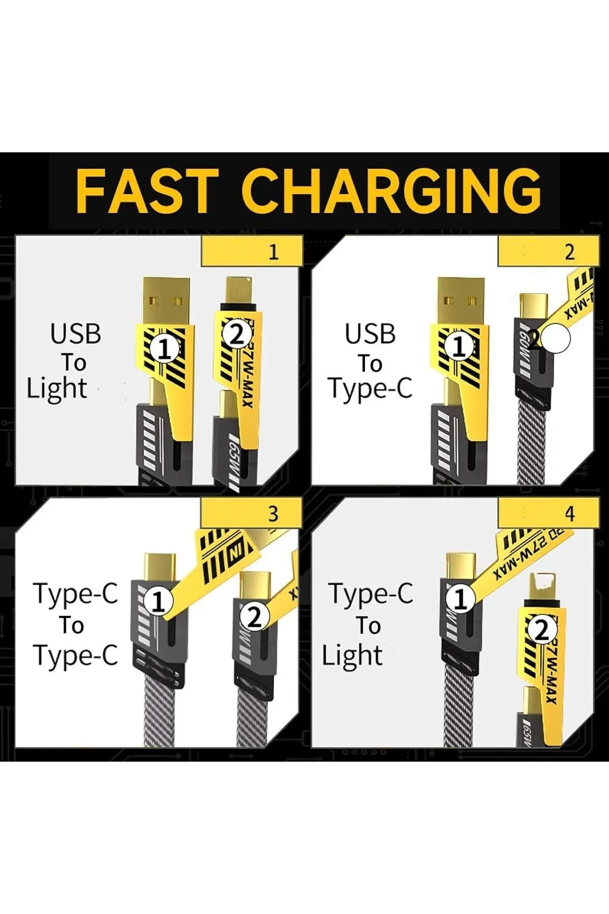 KAZEMTECH 4in1 65 Watt Type-C/27 Watt iPhone Halat Örgü Kırılmaz Uç 1 Metre Hızlı Şarj ve Data Kablosu