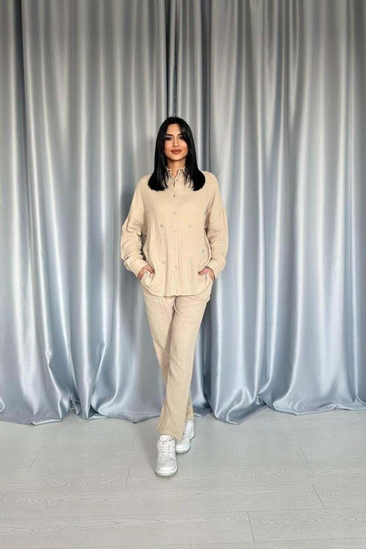 MAREANDPANDA Bej 3 Taş Motifli Gömlek Ve Pantolon Takım