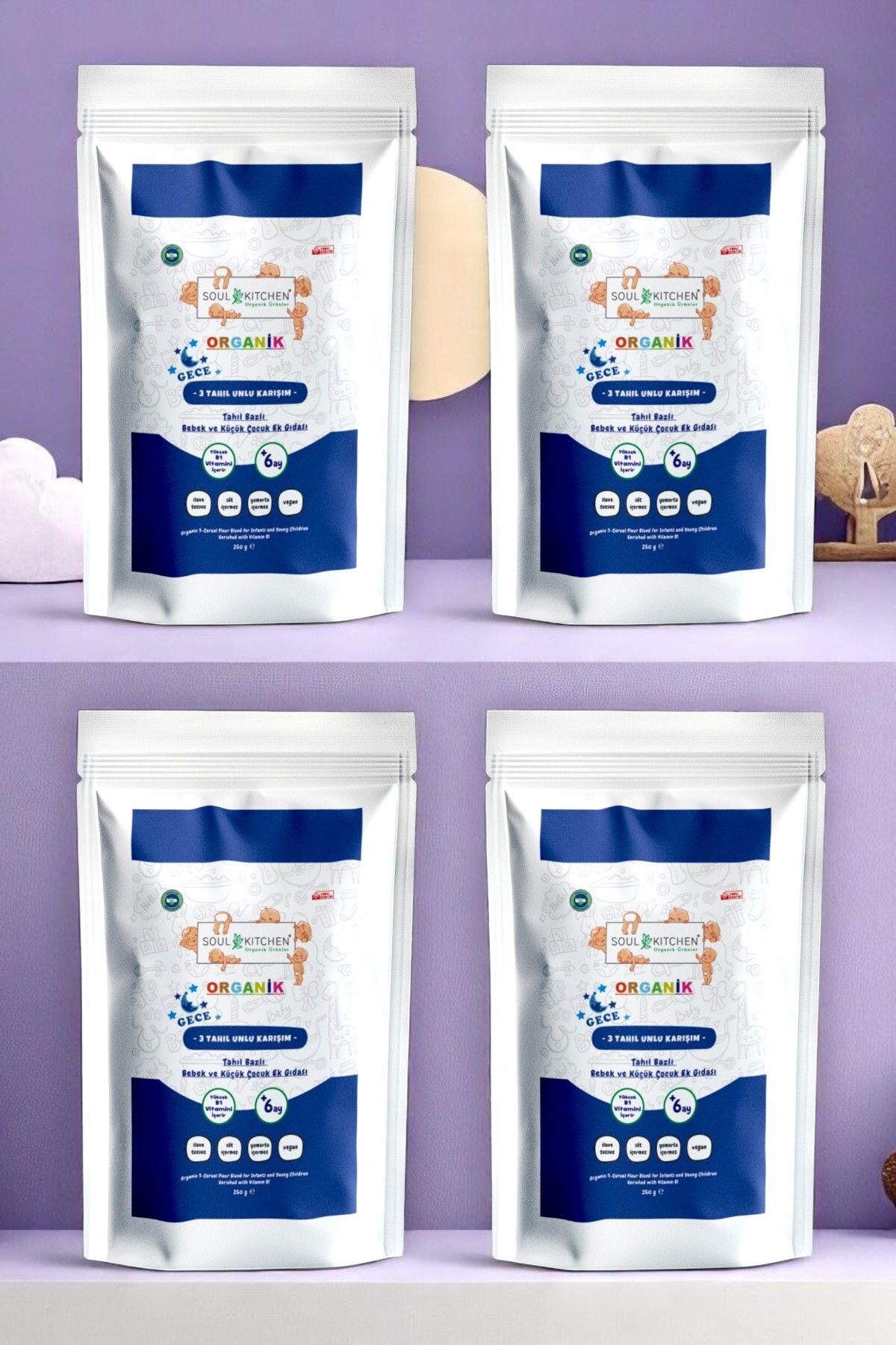 Soul Kitchen Organik Ürünler (4'LÜ SET) - Organik B1 Vitaminli 3 Tahıl Unlu Gece Maması Tahıl Bazlı Bebek Ek Gıdası