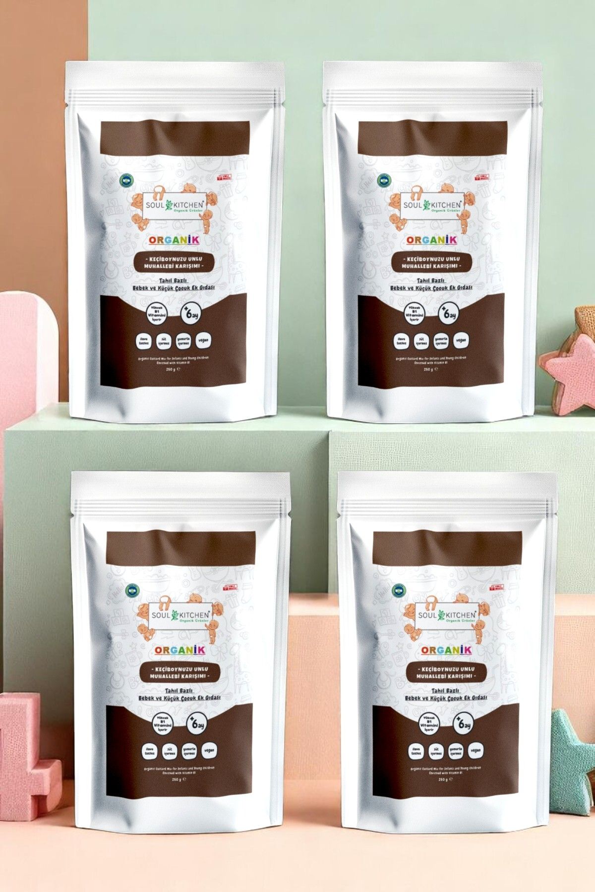 Soul Kitchen Organik Ürünler (4'LÜ SET) - Keçiboynuzu Unlu Muhallebi Karışımı B1 Vitaminli Organik Tahıl Bazlı Bebek Ek Gıdası