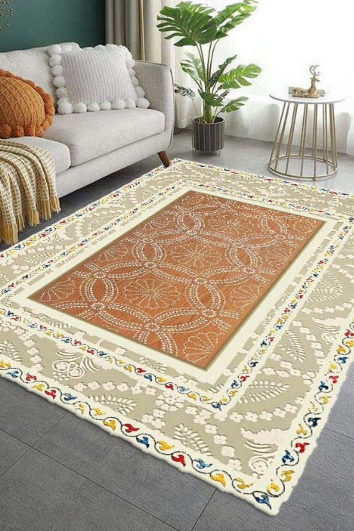 DERAS HOME Dijital Baskı Yıkanabilir Kaymaz Taban Salon Halısı Yolluk