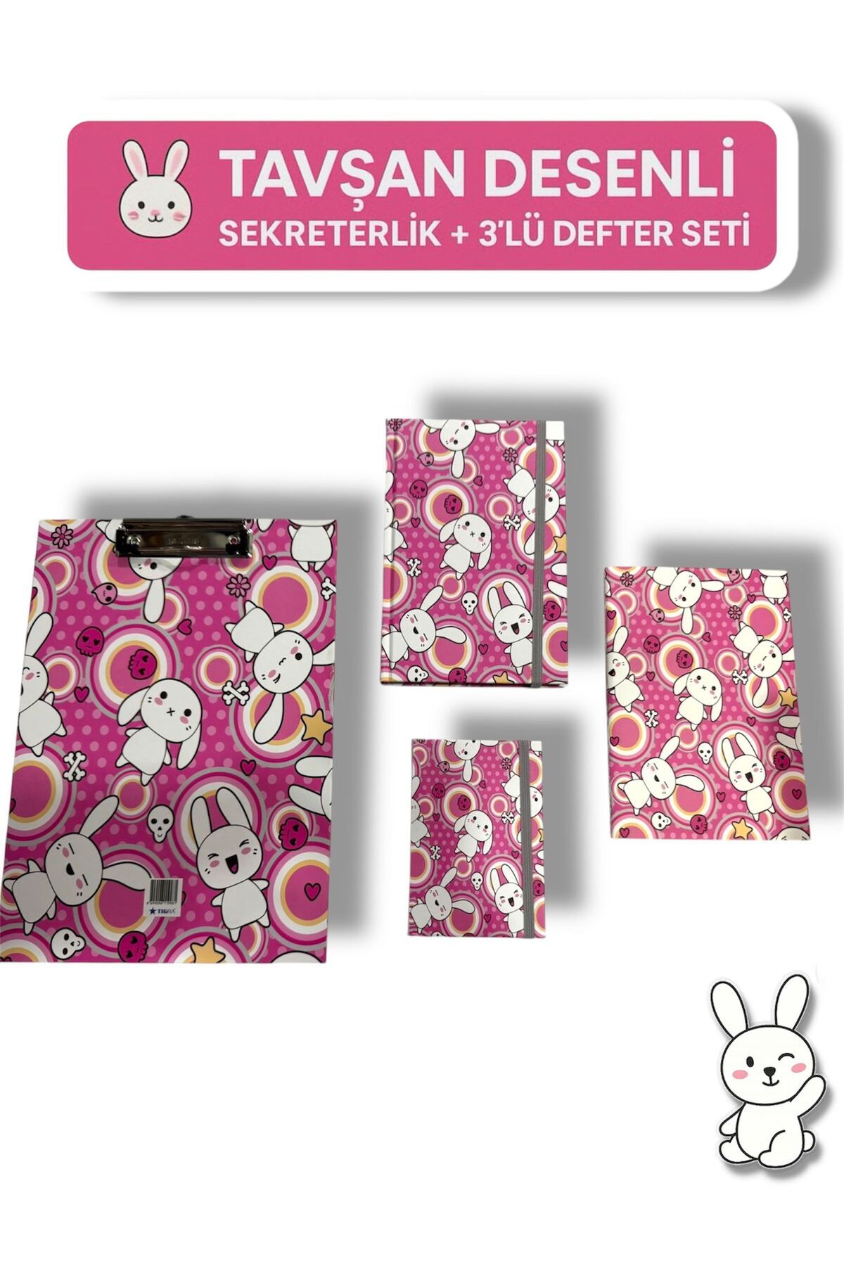 madam gold 🐰 TAVŞAN DESENLİ – SEKRETERLİK + 3’LÜ DEFTER SETİ (SERT KAPAK)