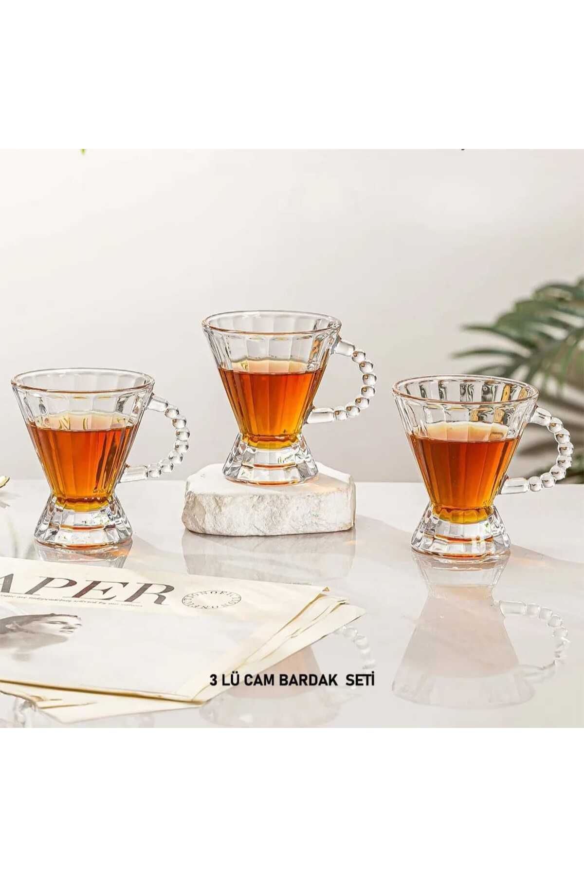 LEONEV 3lü boncuk kulplu cam bardak