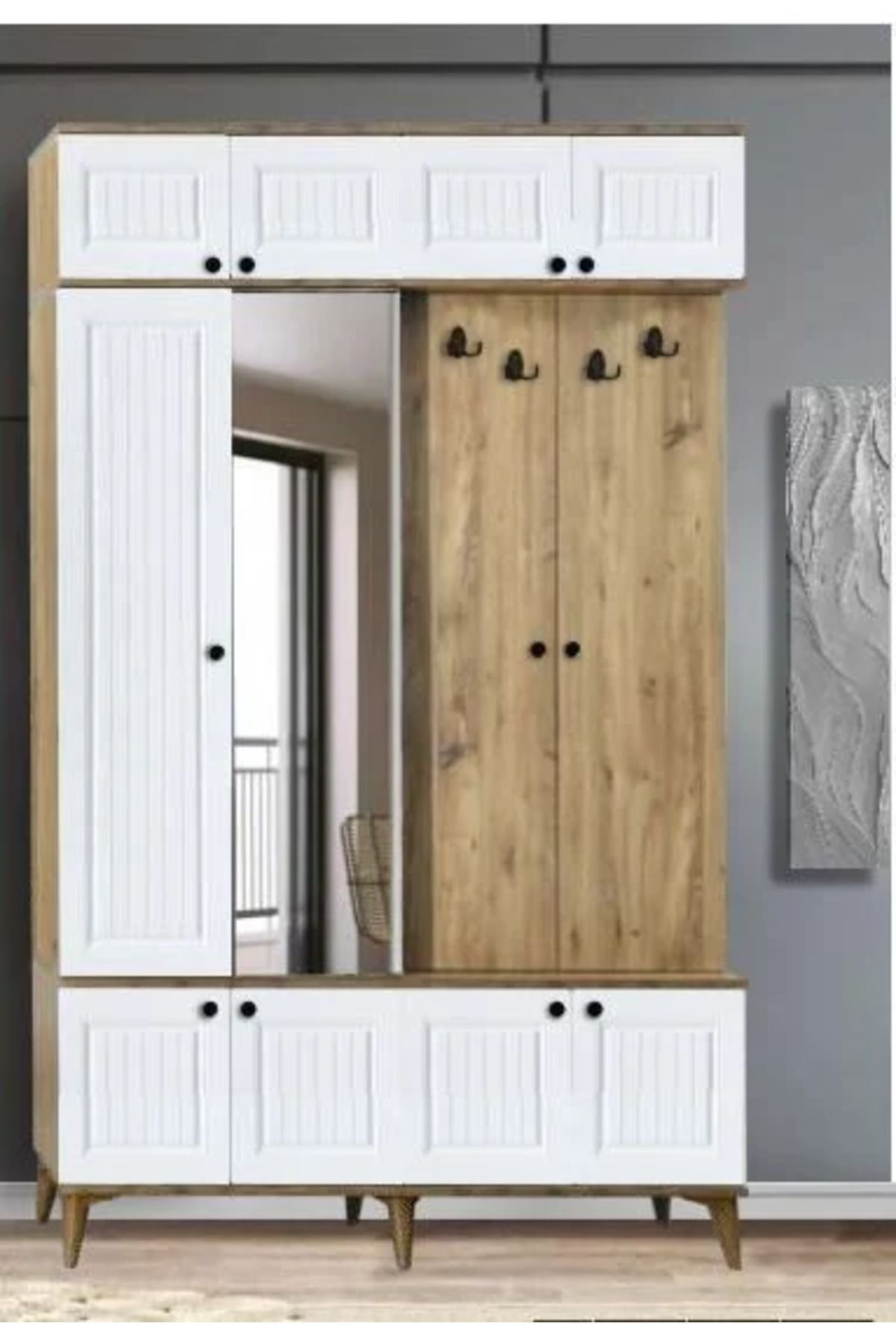 Yuvaset Home 3 Kapılı Aynalı Yağmur Çam/beyaz Portmanto