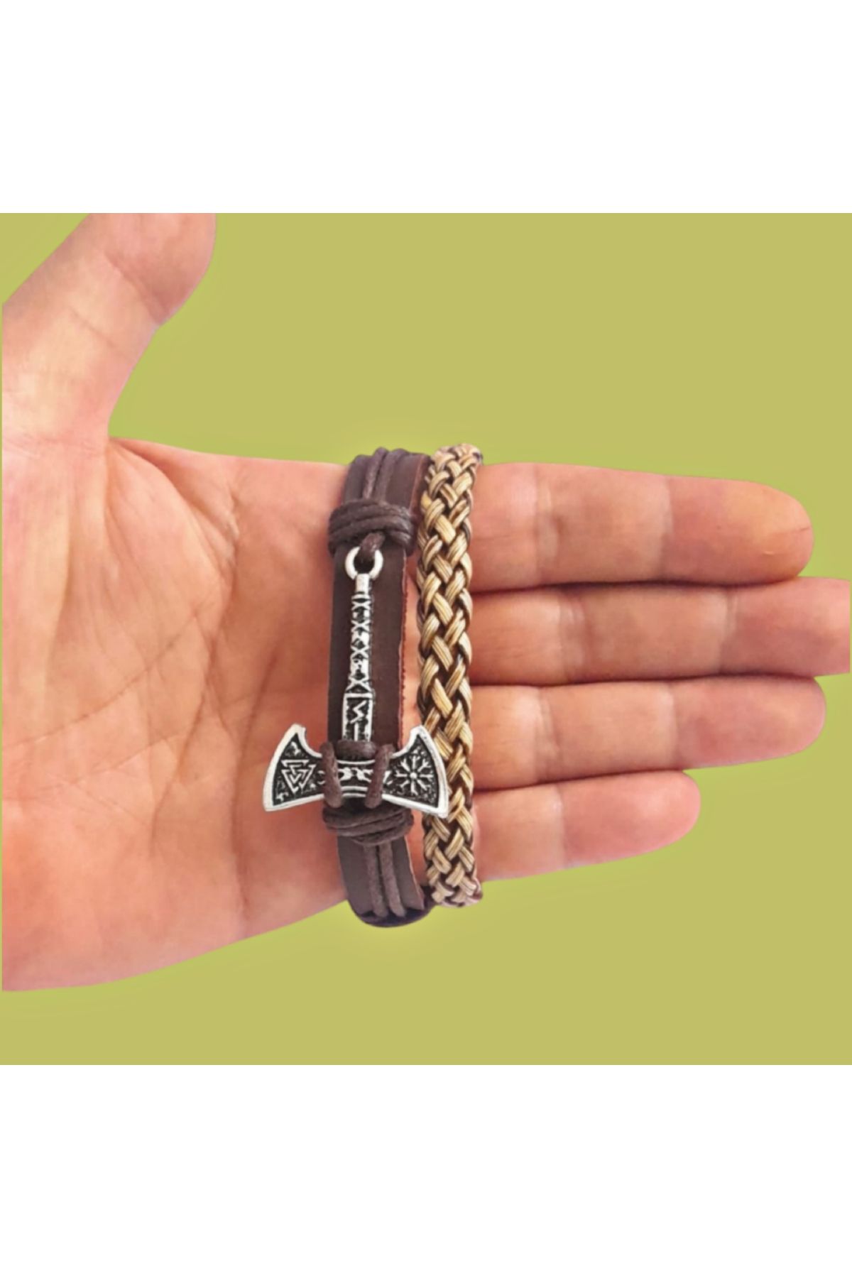 E&F Takı İSKANDİNAV VALKNUT BALTA TASARIM 2'Lİ HAKİKİ DERİ BİLEKLİK