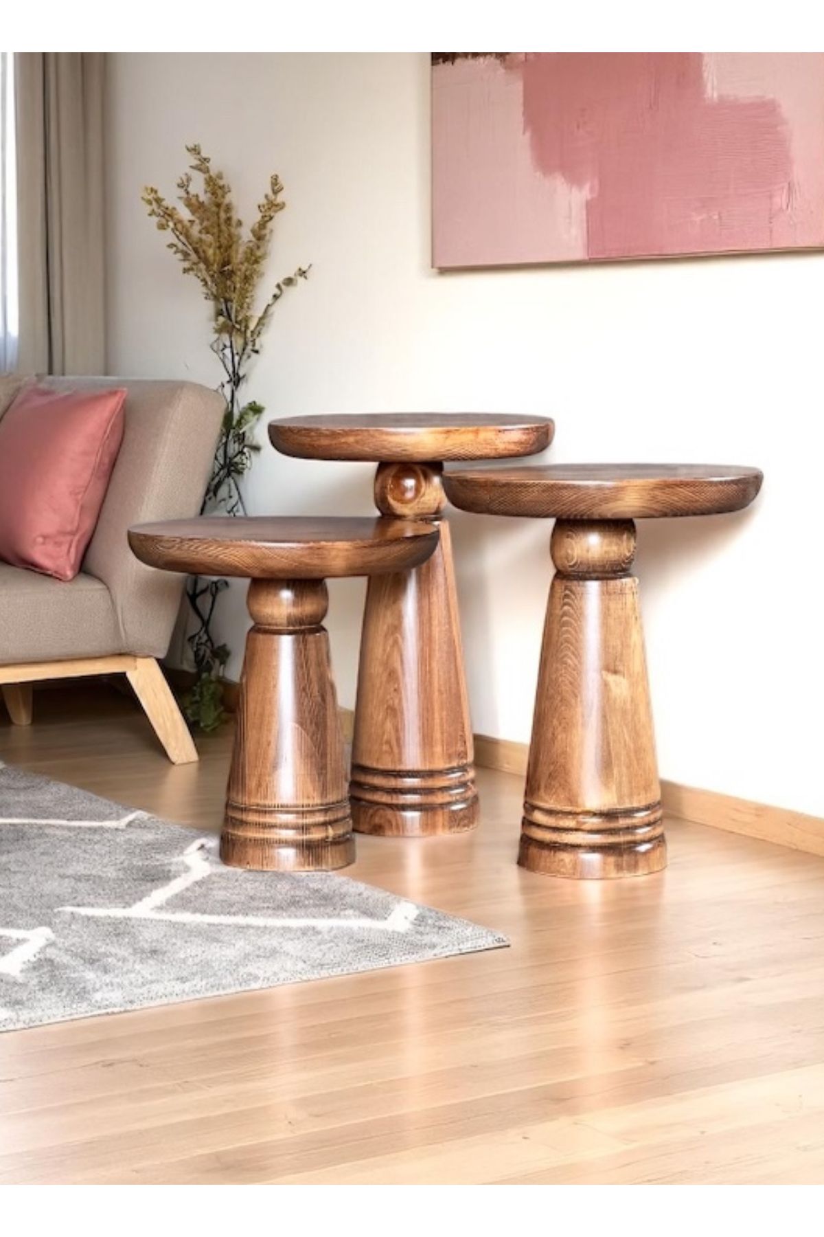 ASELYA HOME Doğal Ahşap 3’lü Set Mantar Yan Sehpa Modern Fiskos Zigon Çiçeklik