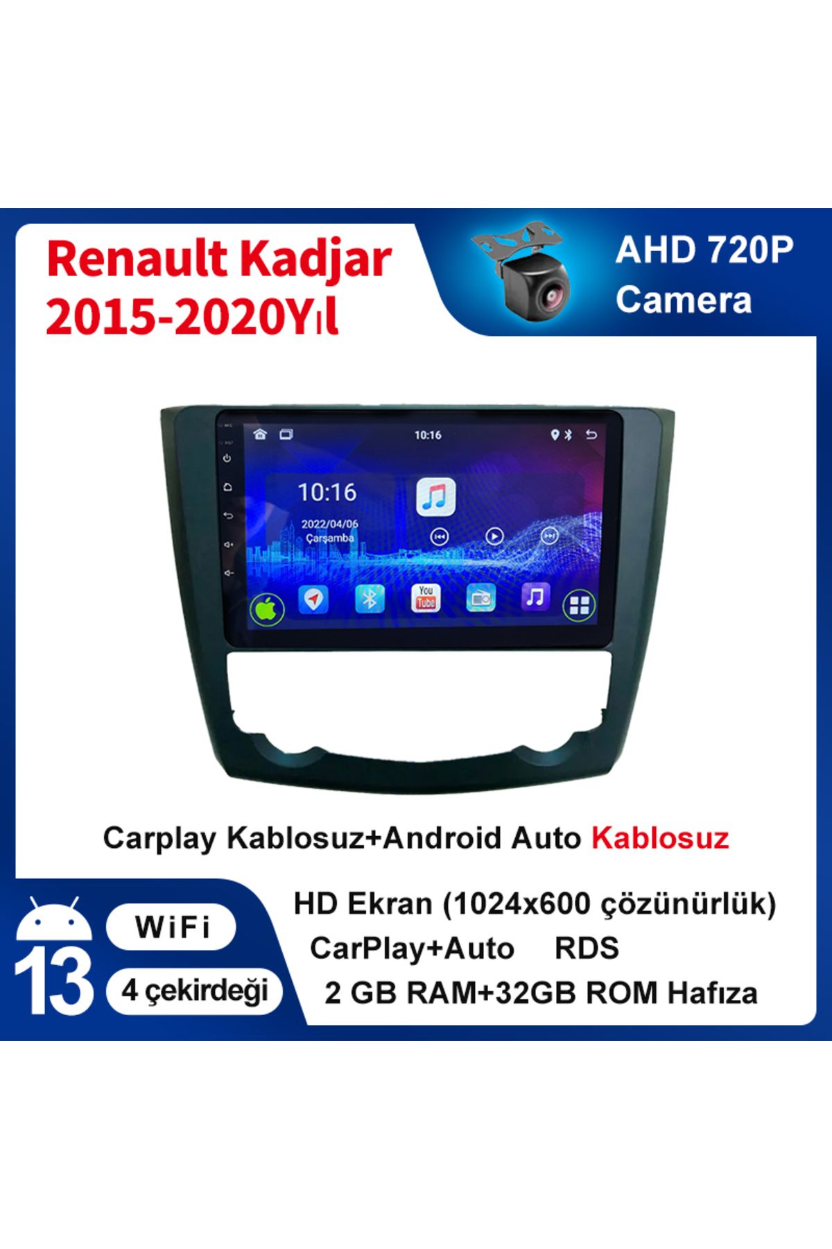 coni Renault Kadjar 2015-2020Yıl 2GB Ram 32GB Rom Multimedya Kablosuz Carplay Navigasyon kamera hediye