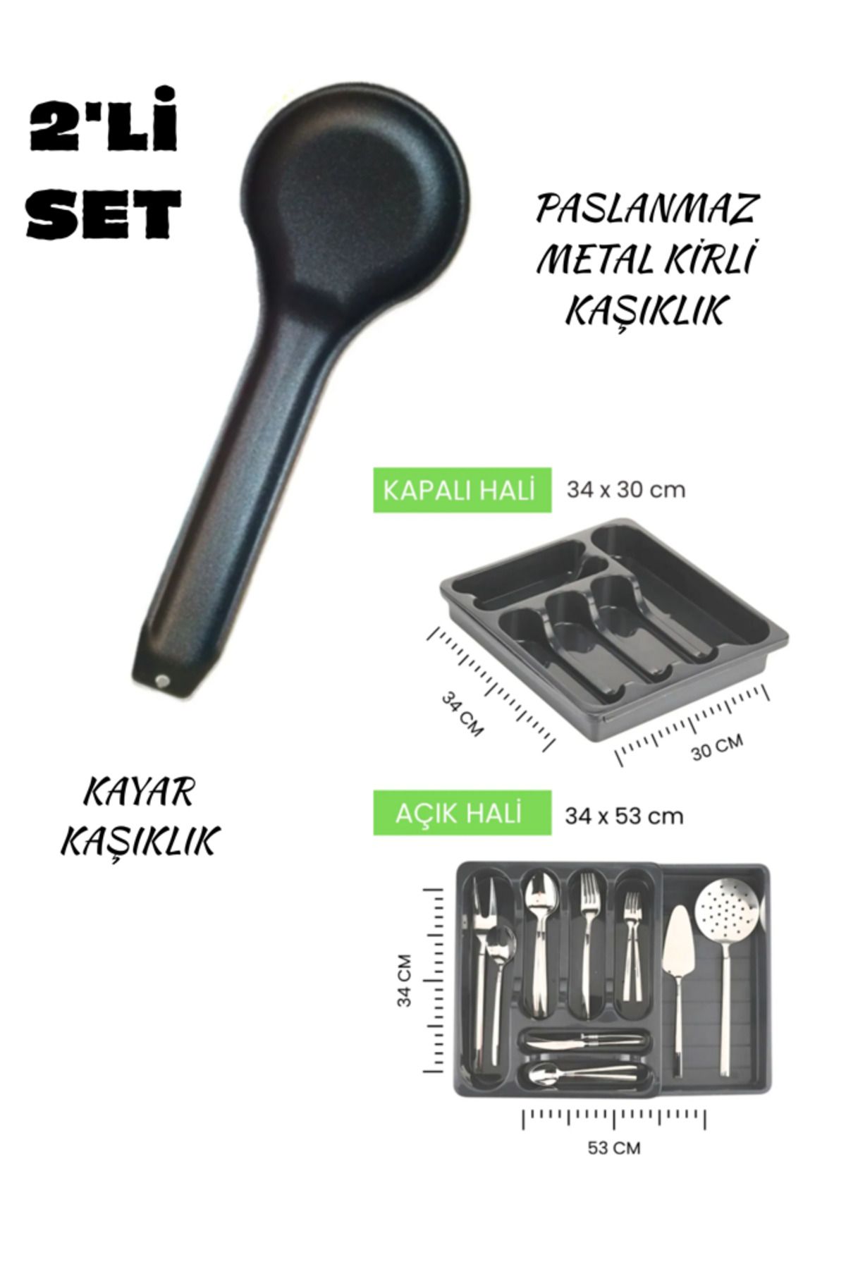 Hilamingo Home 2'li Mutfak Gereçleri Set; Paslanmaz Metal Kirli Kaşıklık, Çekmece İçi Kayar Kaşıklık