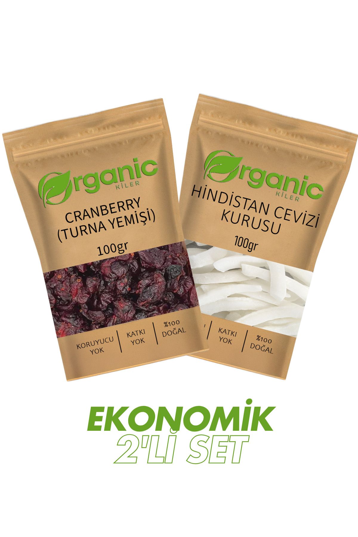 Organic Kiler Doğal Kurutulmuş Meyve İkili Set | 100 gr Cranberry + 100 gr Hindistan Cevizi Kurusu