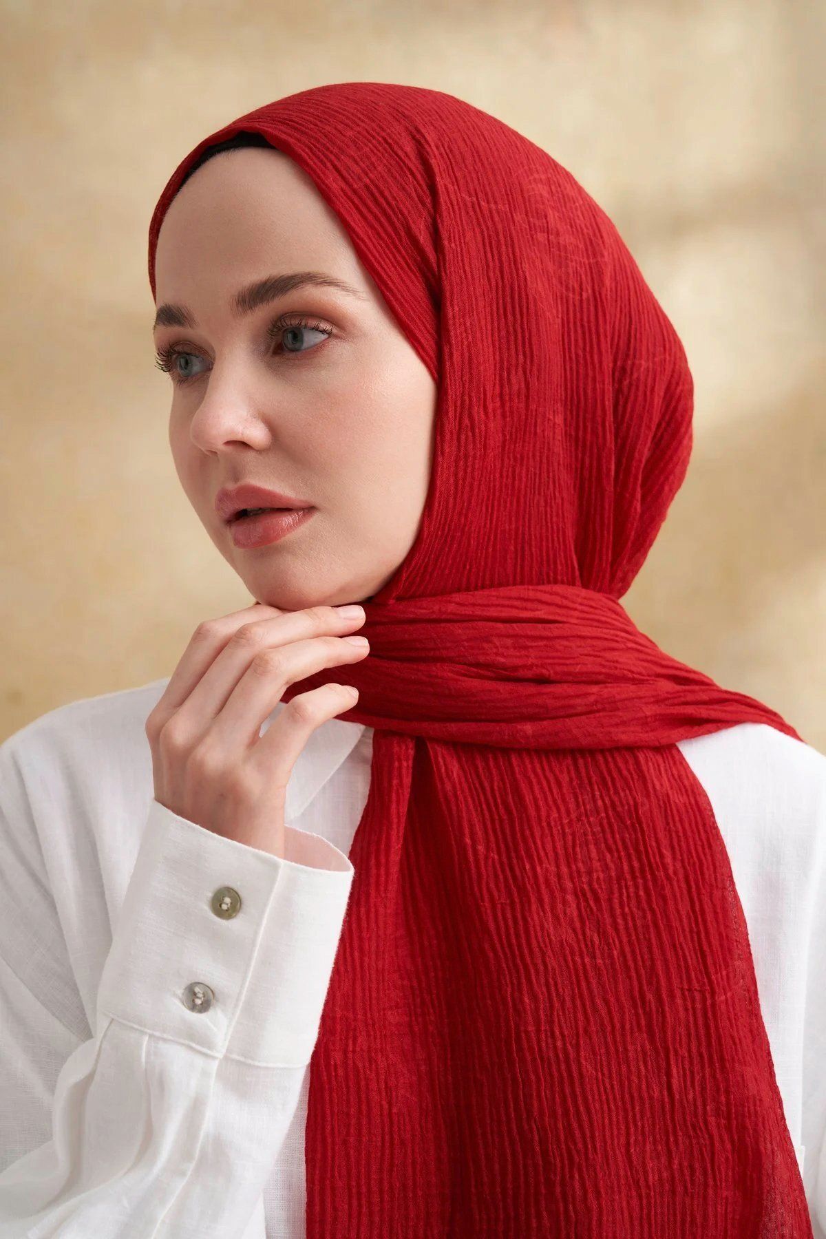 ARMANDA Müslin Yaprak Desen Şal 3351-50 Kırmızı