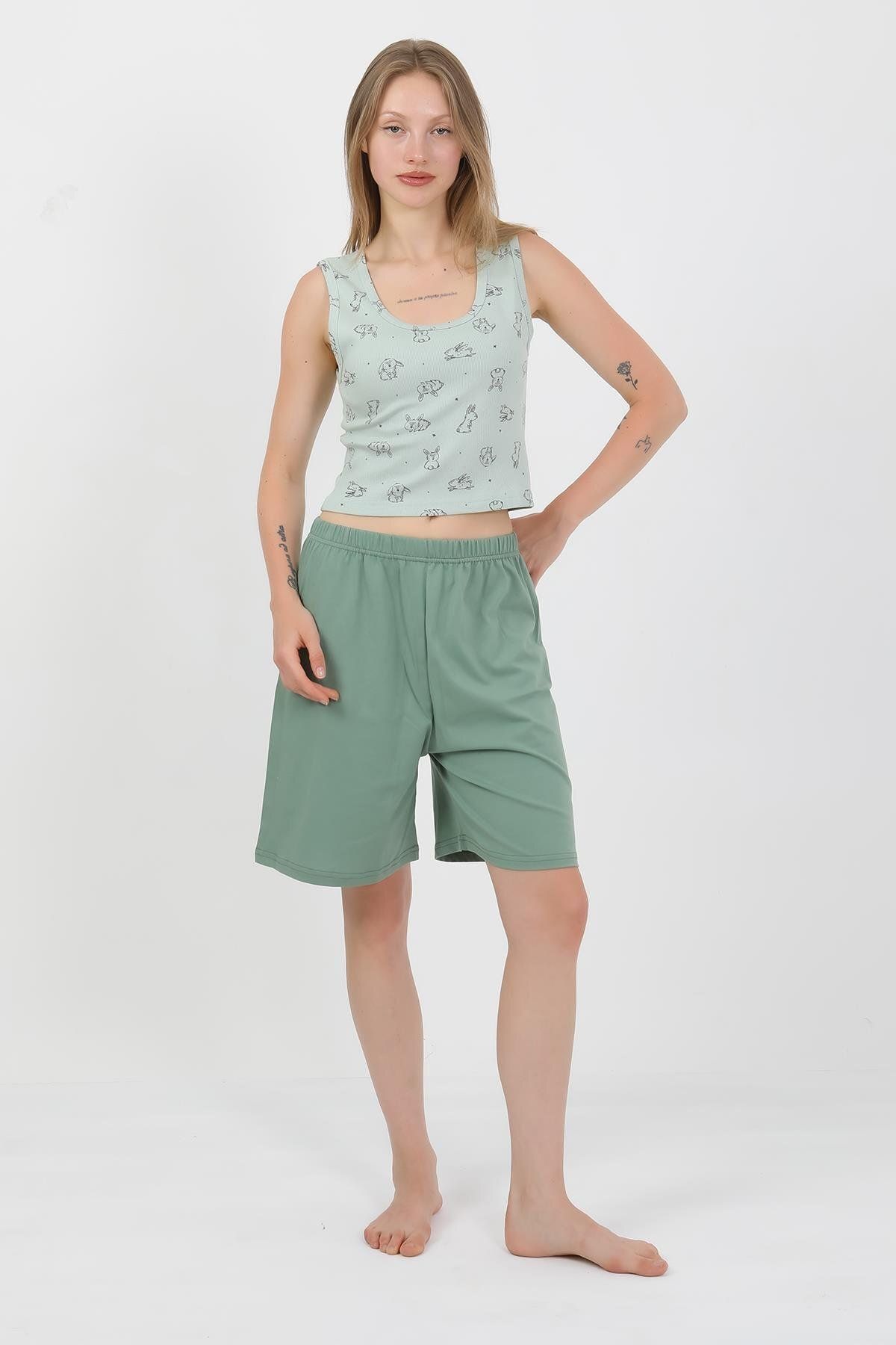 Akbeniz-Women's Thick Strap Cotton Combed Shorts Crop Suit Watergreen 3636 2