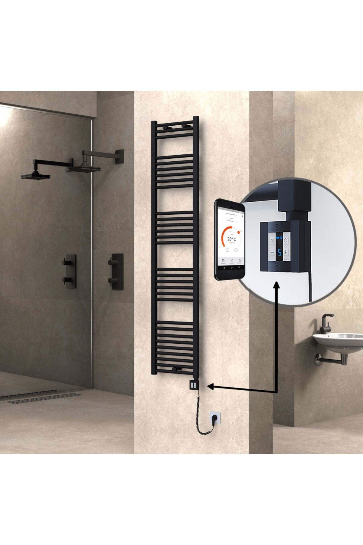 Radiva HAITI Elektirikli Havlupan 400x1800 Düz Siyah (KTX4 Termostat) 600W Spiral Kablolu