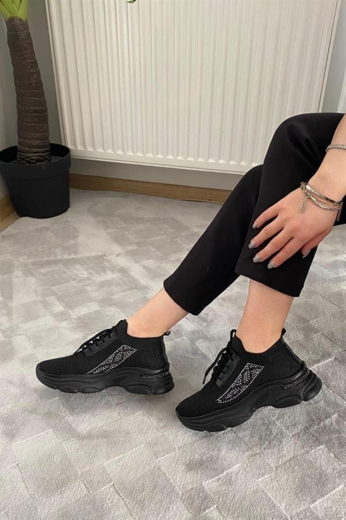 MODAMAİSA Kadın Fabri Siyah Triko Taşlı Spor Ayakkabı & Sneaker