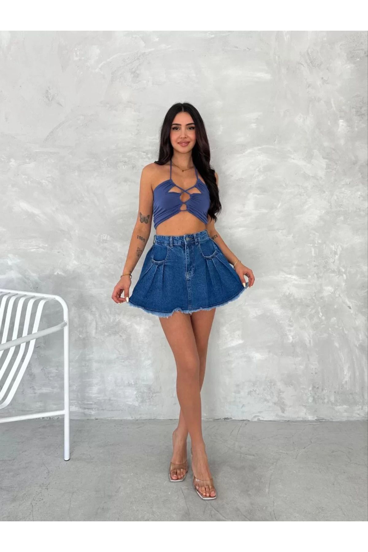 C&Z Collection Şık Pileli Yazlık Mini Etekli Kot- Saks Mavisi