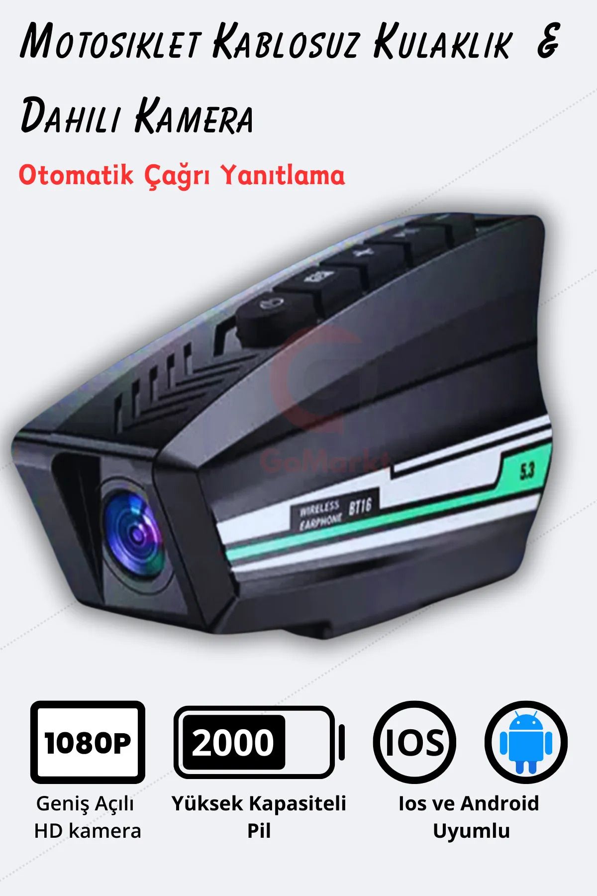 İMEXTECH Bilişim Burada BT16 Full HD Kameralı 2000 mah Batarya Bluetooth Motosiklet Kameralı Kask İntercom