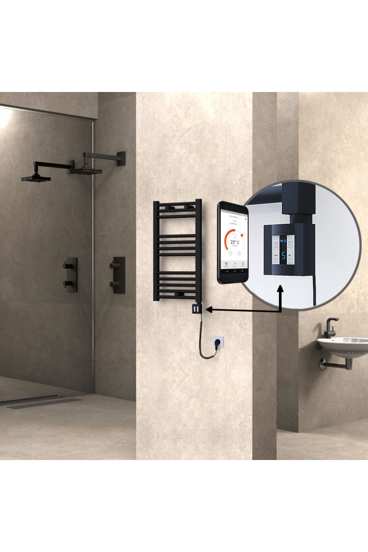Radiva HAITI Elektirikli Havlupan 400x700 Düz Siyah (KTX4 Termostat) 300W Spiral Kablolu