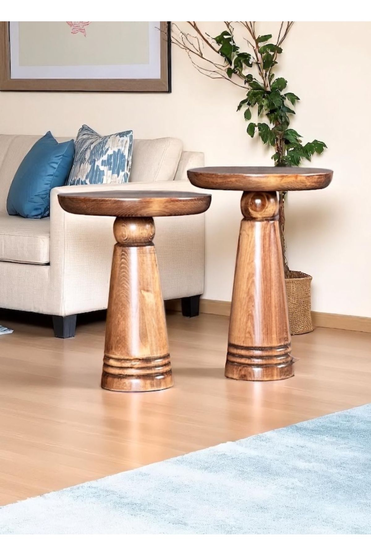 ASELYA HOME Doğal Ahşap 2’li Set Mantar Yan Sehpa Modern Fiskos Zigon Çiçeklik