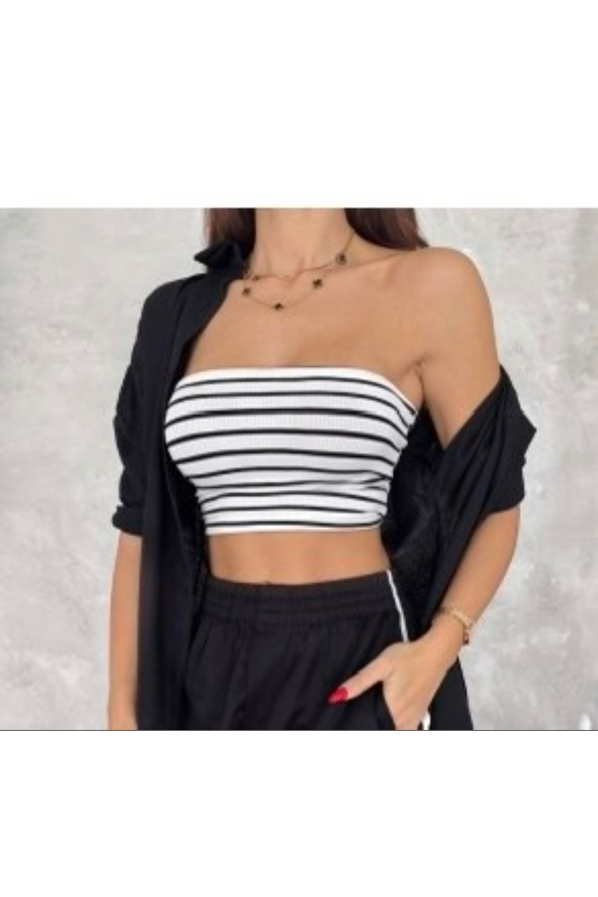 eseza tekstil Straplez crop çizgili