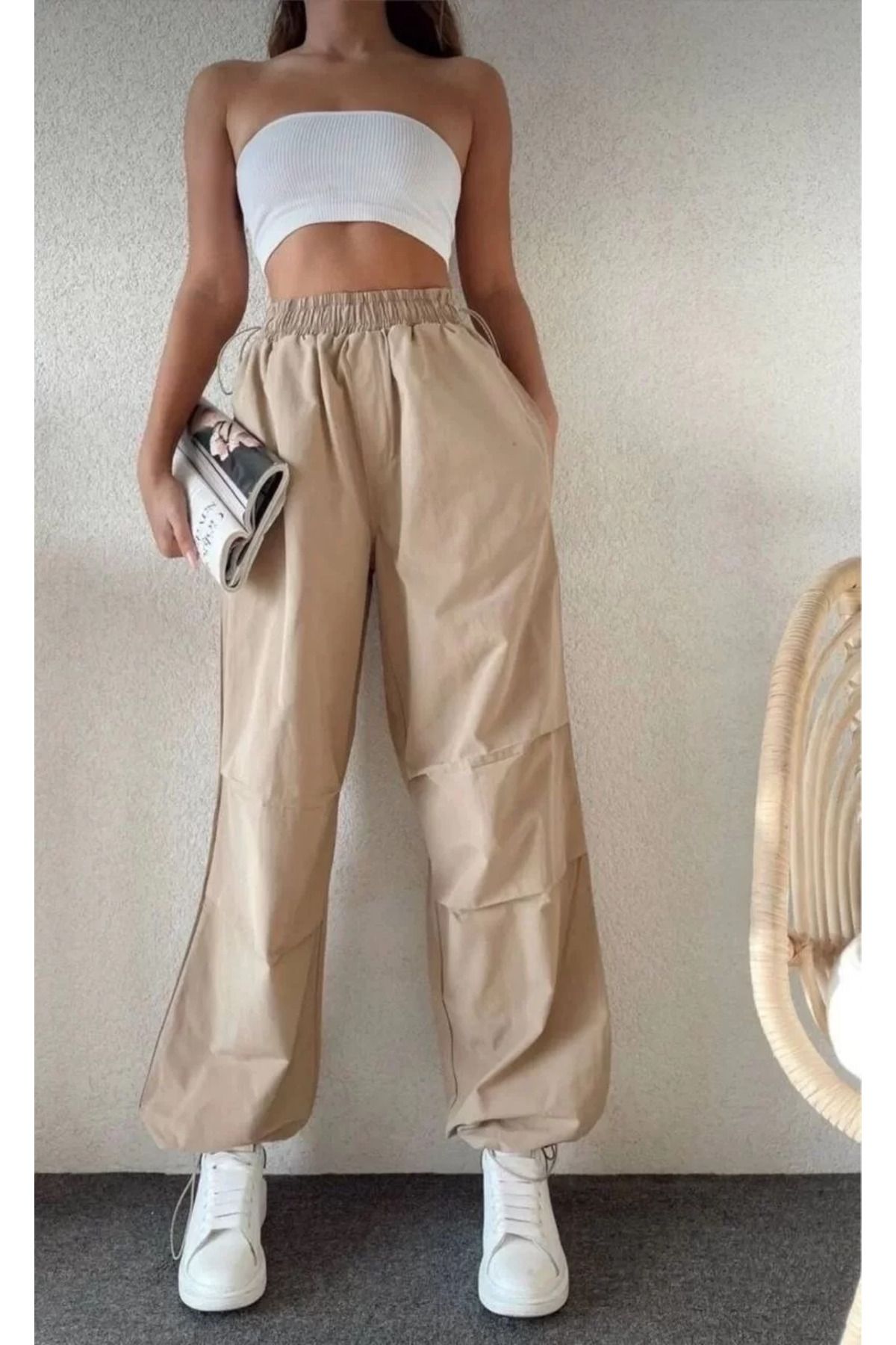 C&Z Collection Kadın Cepli Paraşut Pantalon - Bej