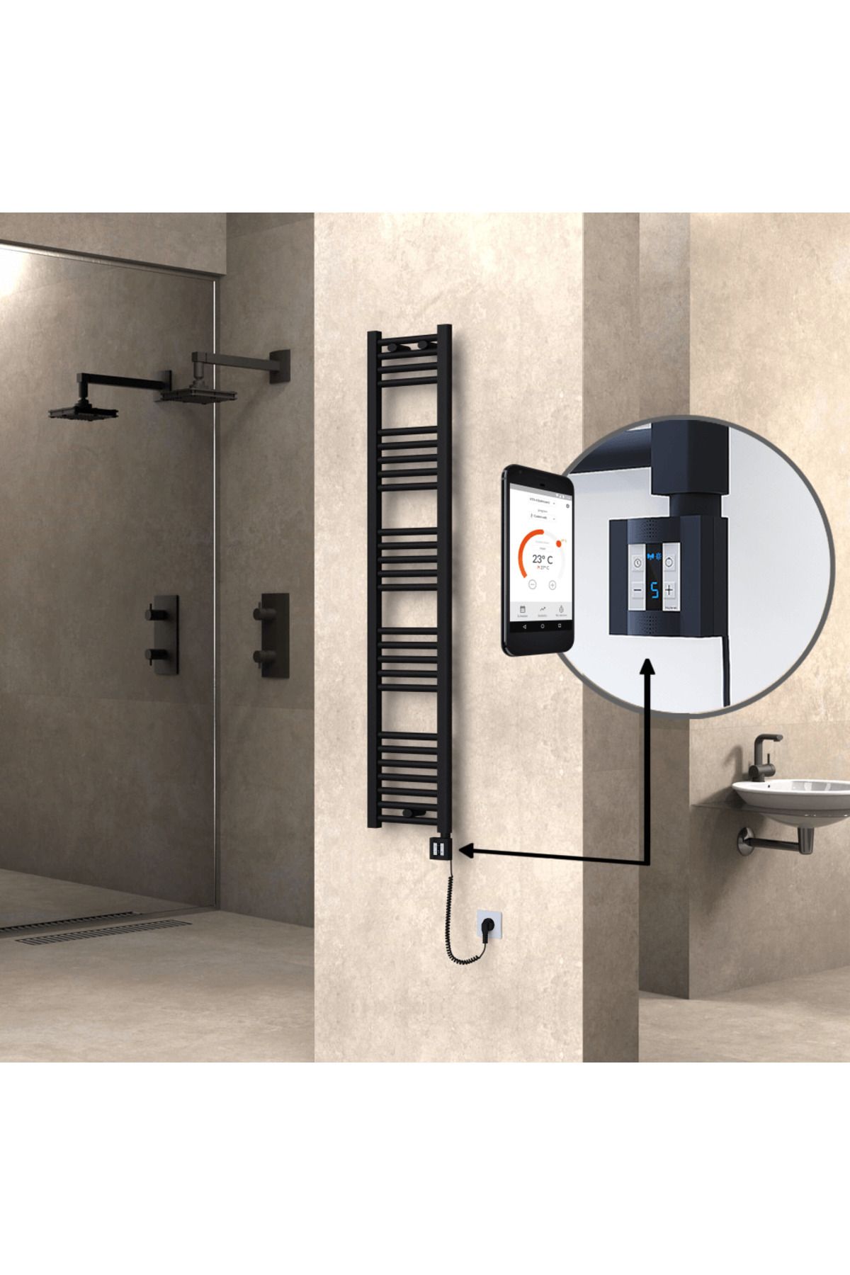 Radiva HAITI Elektirikli Havlupan 300x1500 Düz Siyah (KTX4 Termostat) 600W Spiral Kablolu