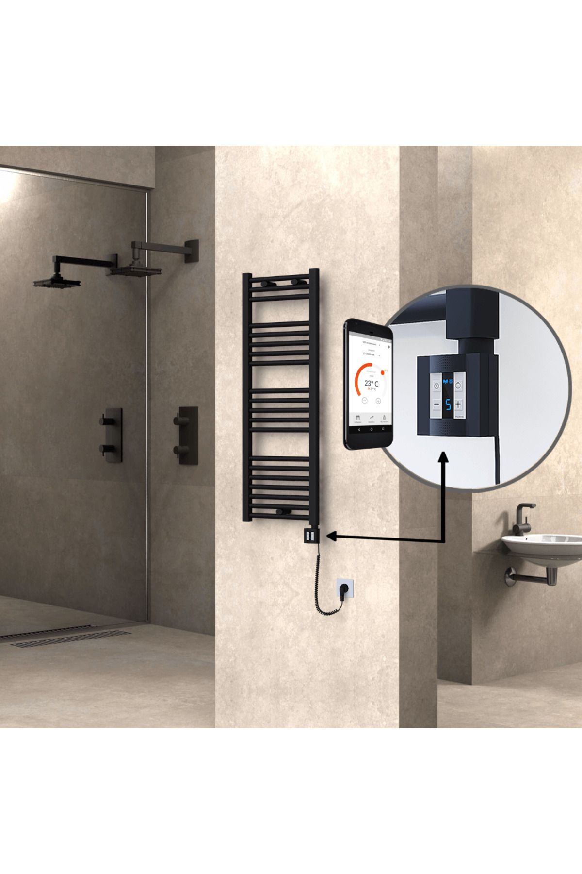 Radiva HAITI Elektirikli Havlupan 400x1100 Düz Siyah (KTX4 Termostat) 600W Spiral Kablolu