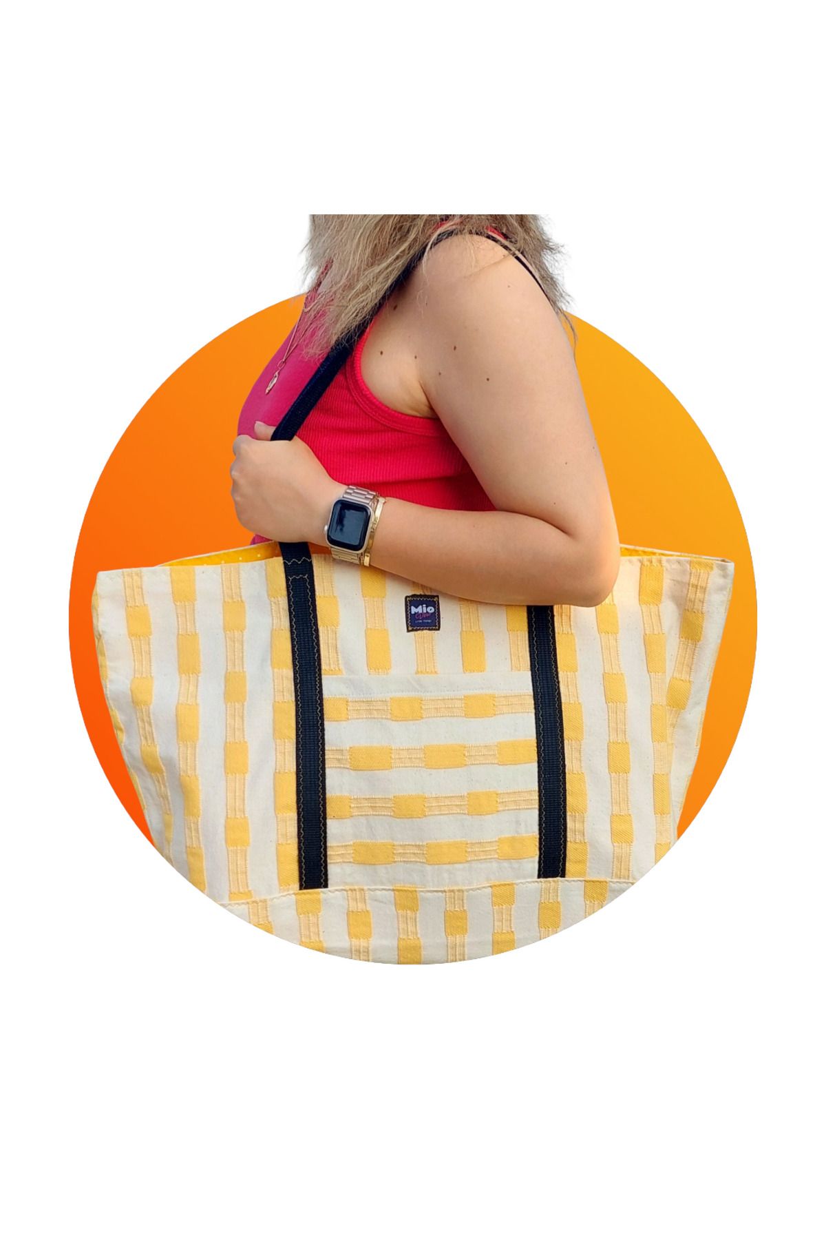 Mio Vero Naturel X-Large Sarı Totebag, Cepli, %100 Pamuk, Şık Omuz Çantası & Plaj Çantas
