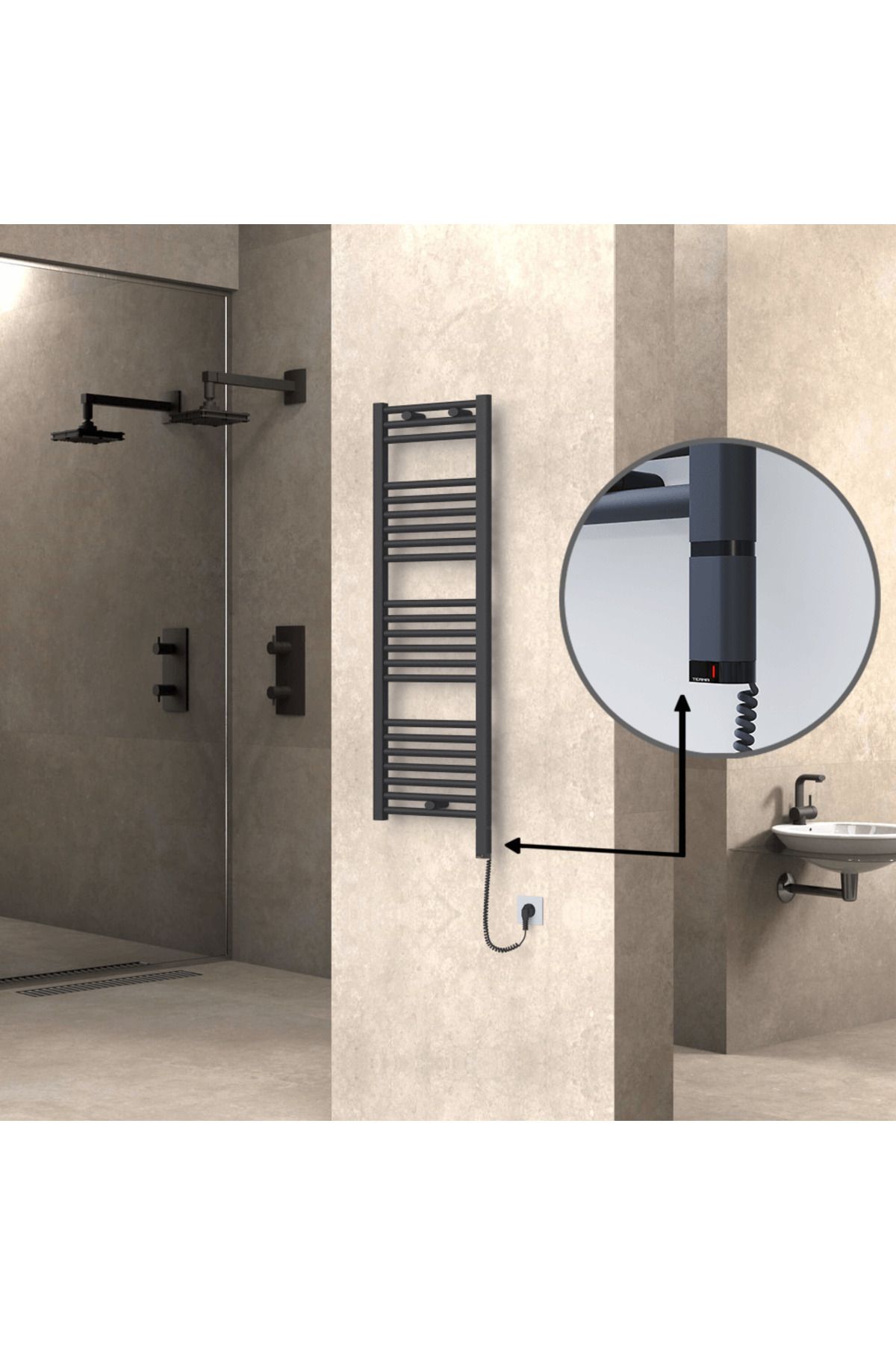 Radiva HAITI Elektirikli Havlupan 400x1200 Düz Antrasit (OneD OnOff ) Sağ 300W