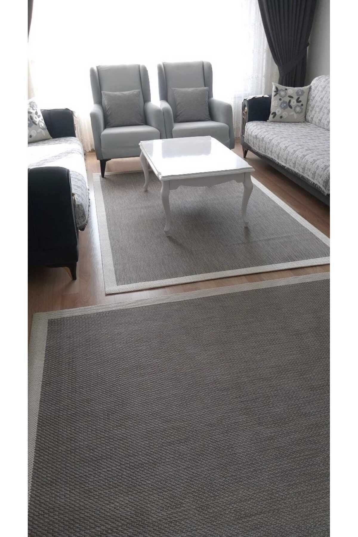 Piala Home Krem Çerçeveli Koyu Gri Desenli Sisal Halı