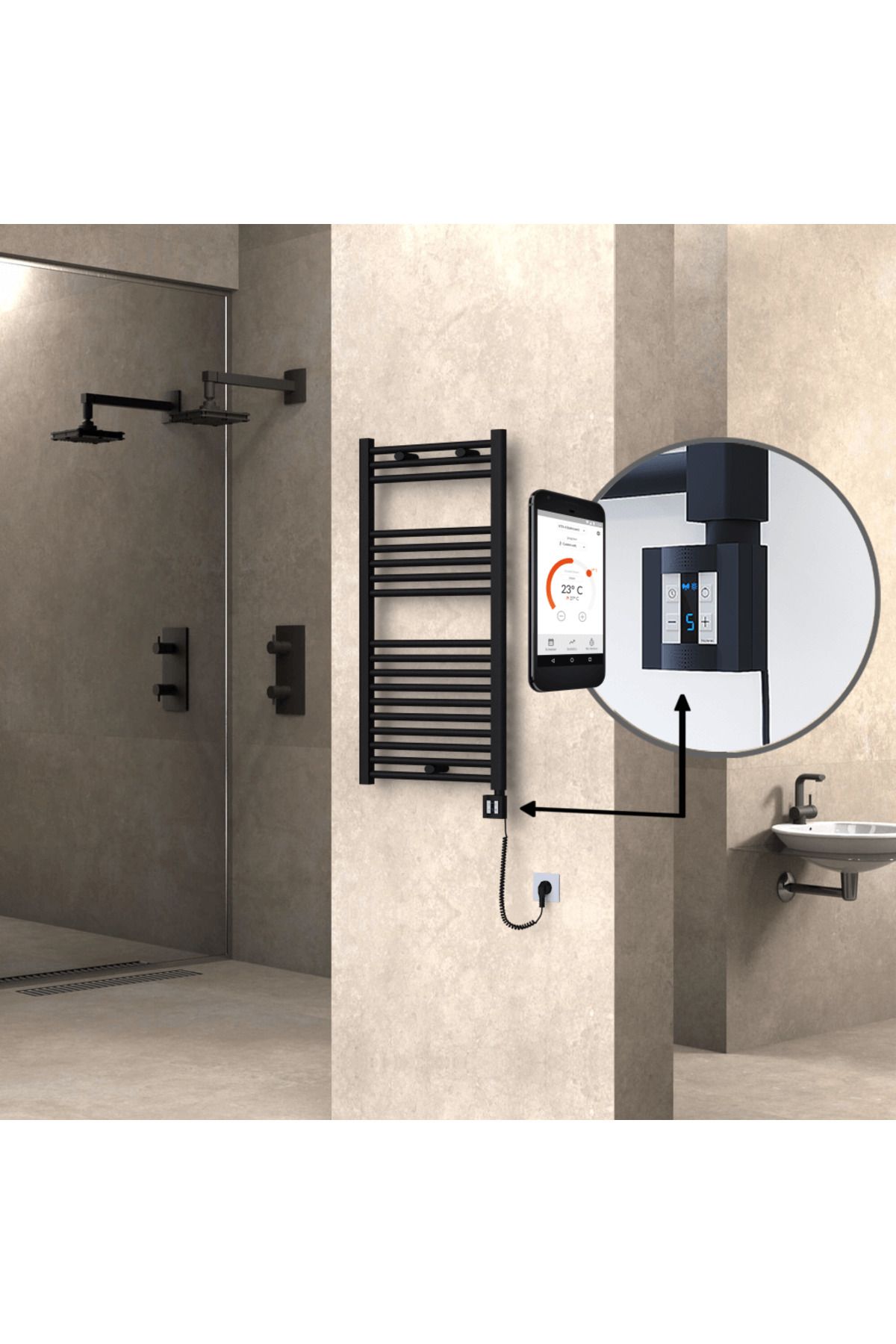 Radiva HAITI Elektirikli Havlupan 500x1000 Düz Siyah (KTX4 Termostat) 600W Spiral Kablolu