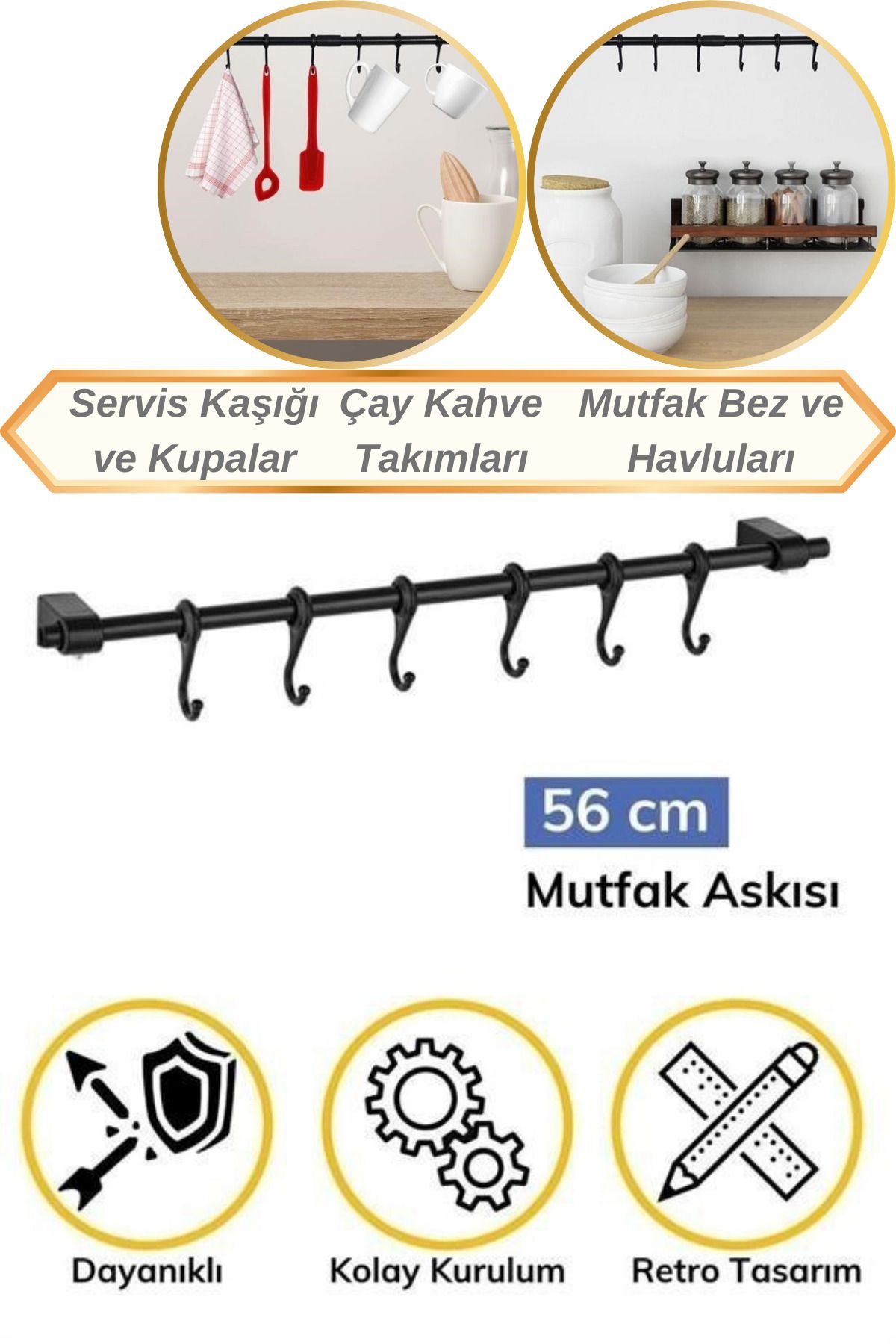 Hane Dostu Dekoratif Modern Tasarım | 56 cm 6 Kancalı Kaşık Kupa Havlu Askısı