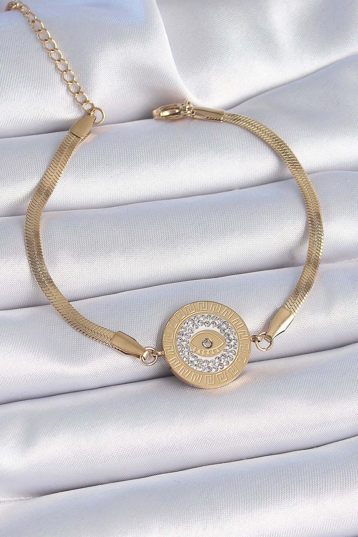 NEZADE STORE 316L Çelik Gold Renk İtalyan Zincir Zirkon Taşlı Göz İşlemeli Madalyon Model Kadın Bileklik