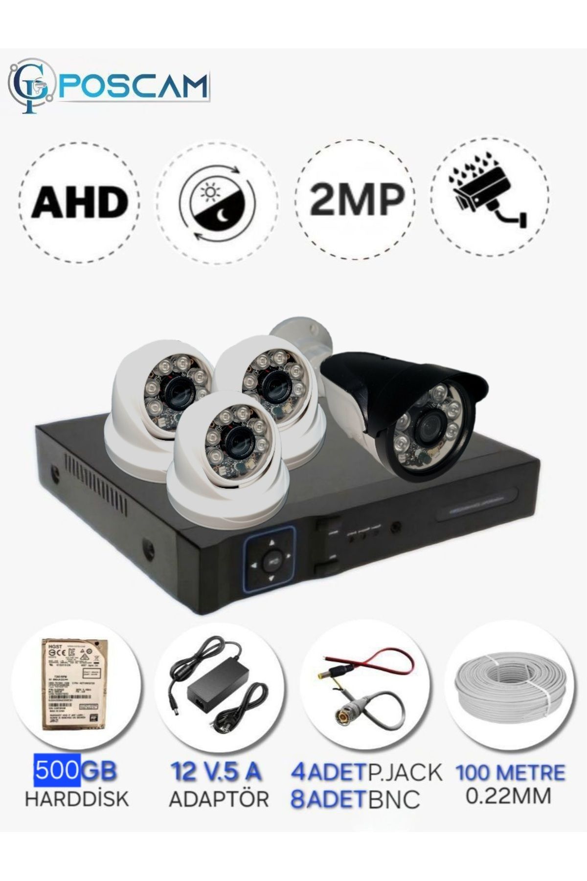 POSCAM 4 KAMERALI SET - 2MP 1080P Full HD AHD, Gece Görüşlü, IP66 Su Geçirmez 3dome 1bullet