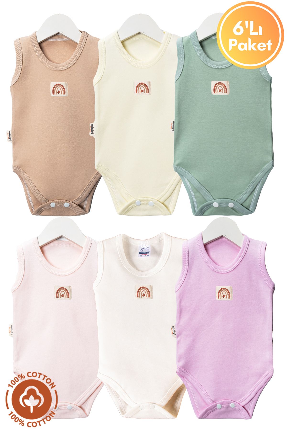 miniel organic Unisex Bebek %100 Organik Pamuklu Etiketli 3-6-9-12 Ay 6Lı Kolsuz Atlet Bebek Body Zıbın Set