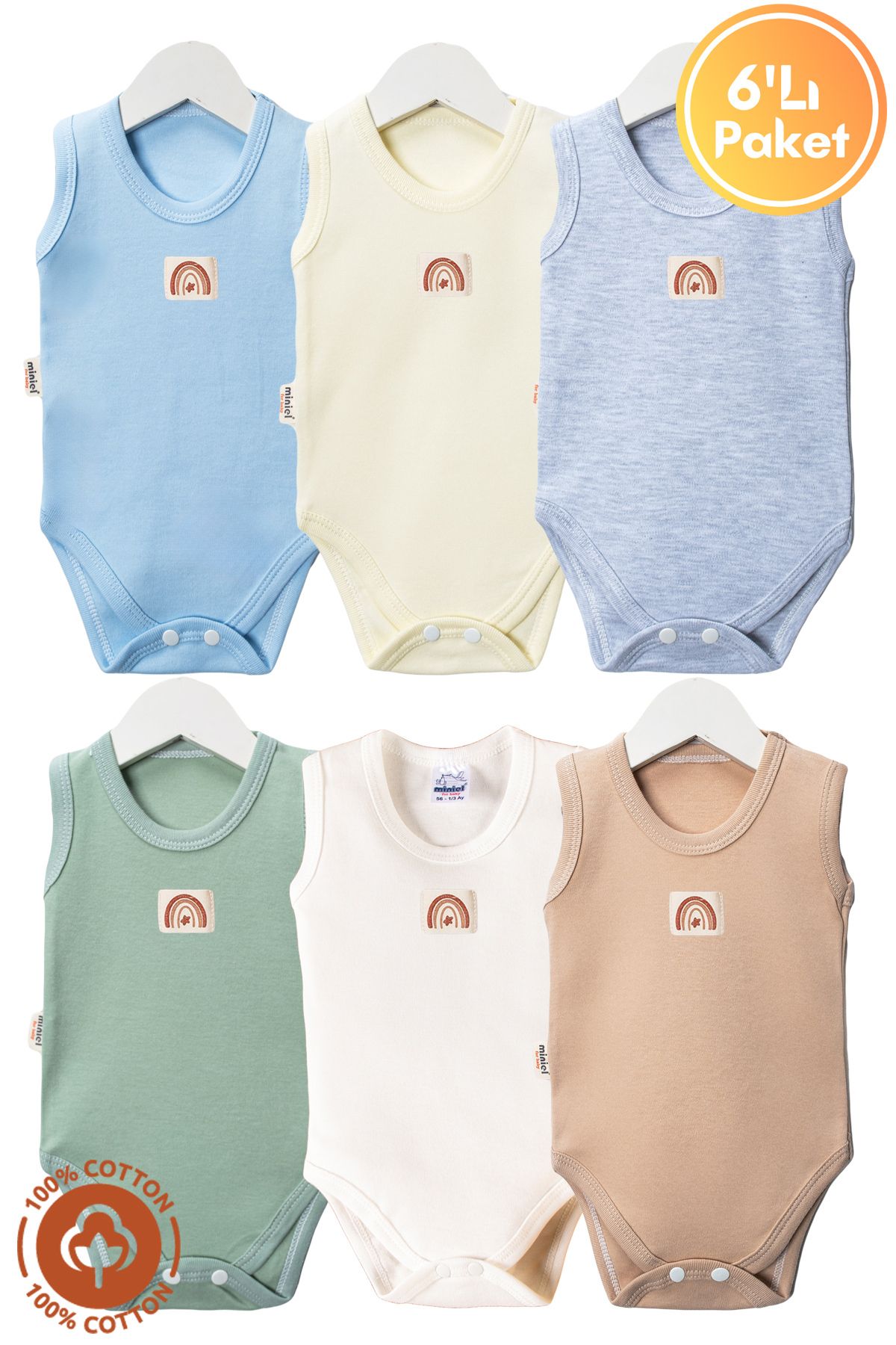 miniel organic Unisex Bebek %100 Organik Pamuklu Etiketli 3-6-9-12 Ay 6Lı Kolsuz Atlet Bebek Body Zıbın Set