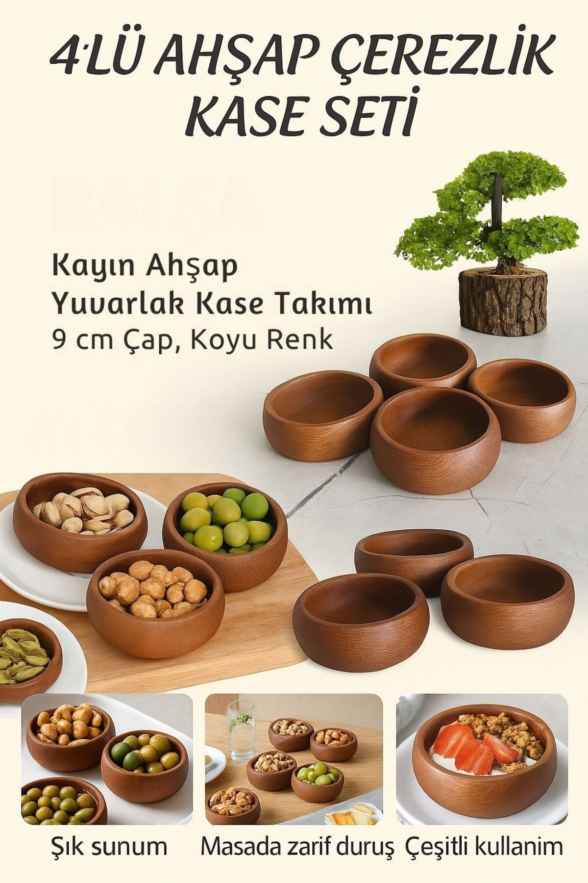 Kelepir Fırsatlar 4’lü Kayın Ahşap Yuvarlak Çerezlik Kase Seti – Koyu Renk (9 cm)