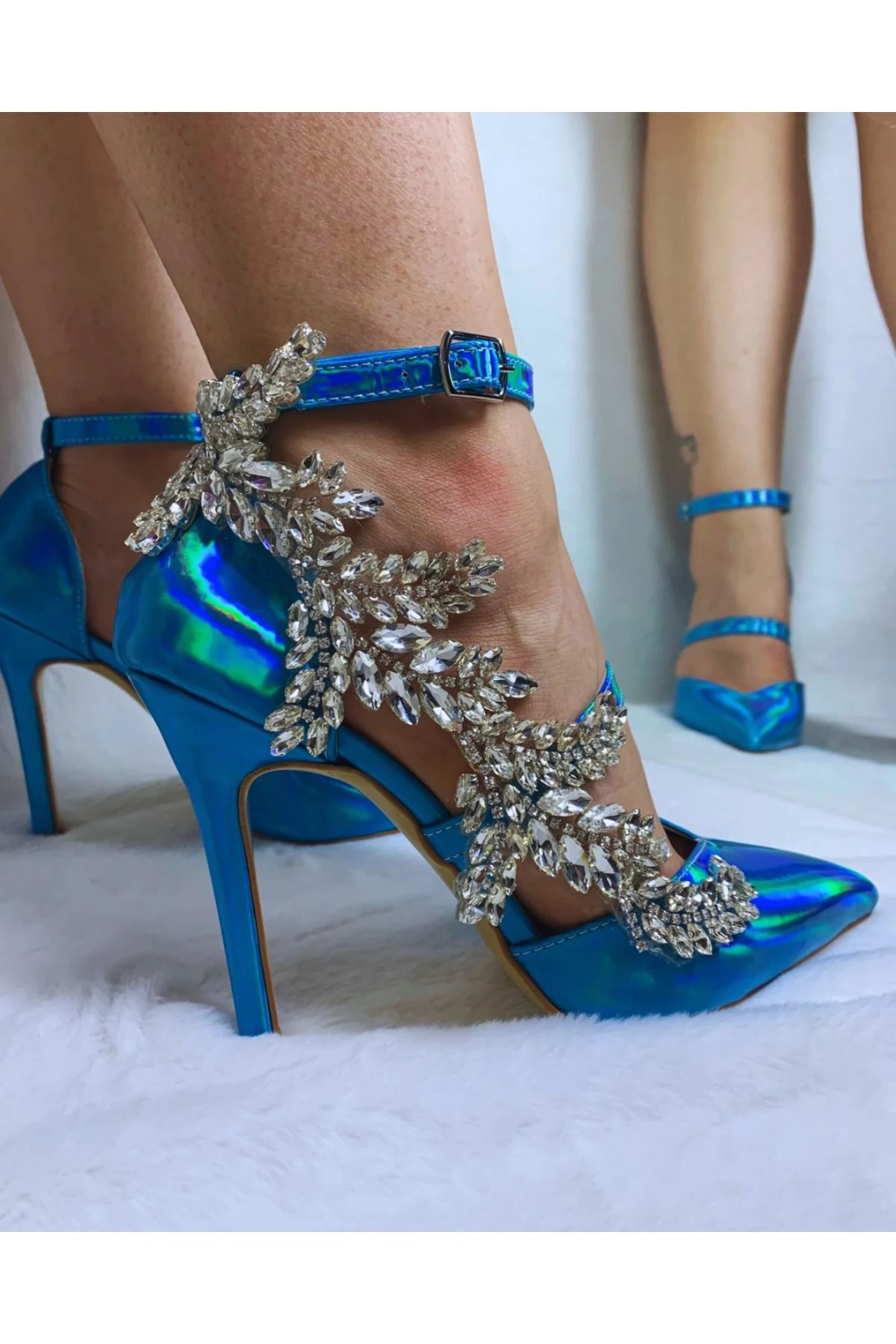 Galanthus Shoes Tasarımlı Kristal Taş 11 cm Mavi Stiletto