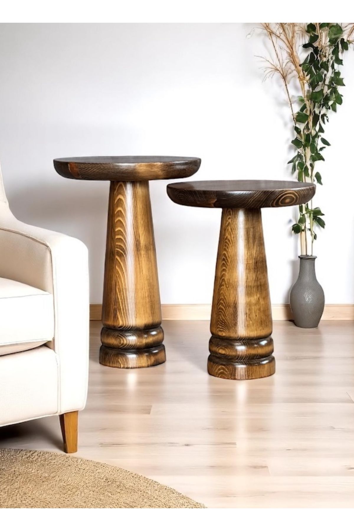 ASELYA HOME Doğal Ahşap 2’li Set Mantar Yan Sehpa Modern Fiskos Zigon Çiçeklik
