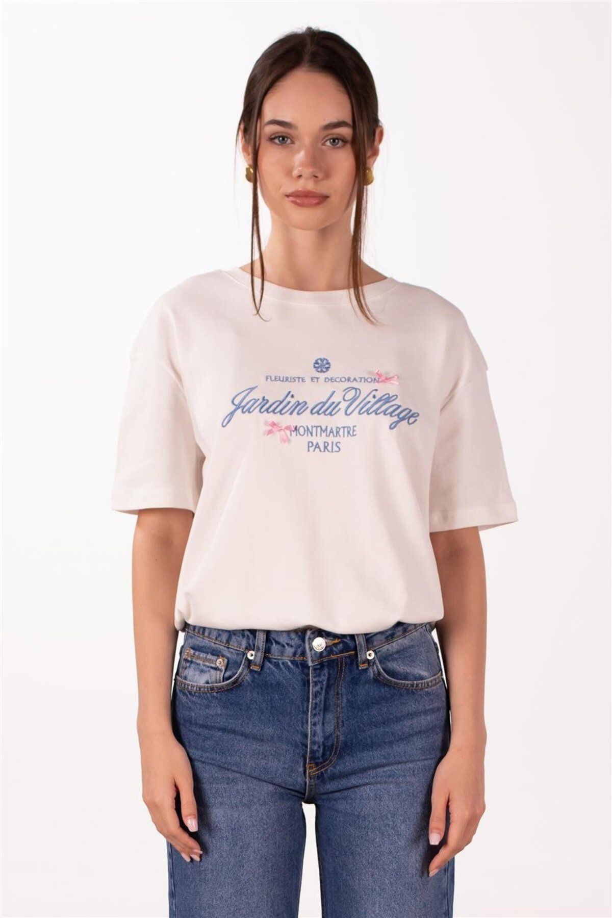 BARRELS AND OIL Önü Yazılı Kurdele Detaylı T-Shirt - Beyaz