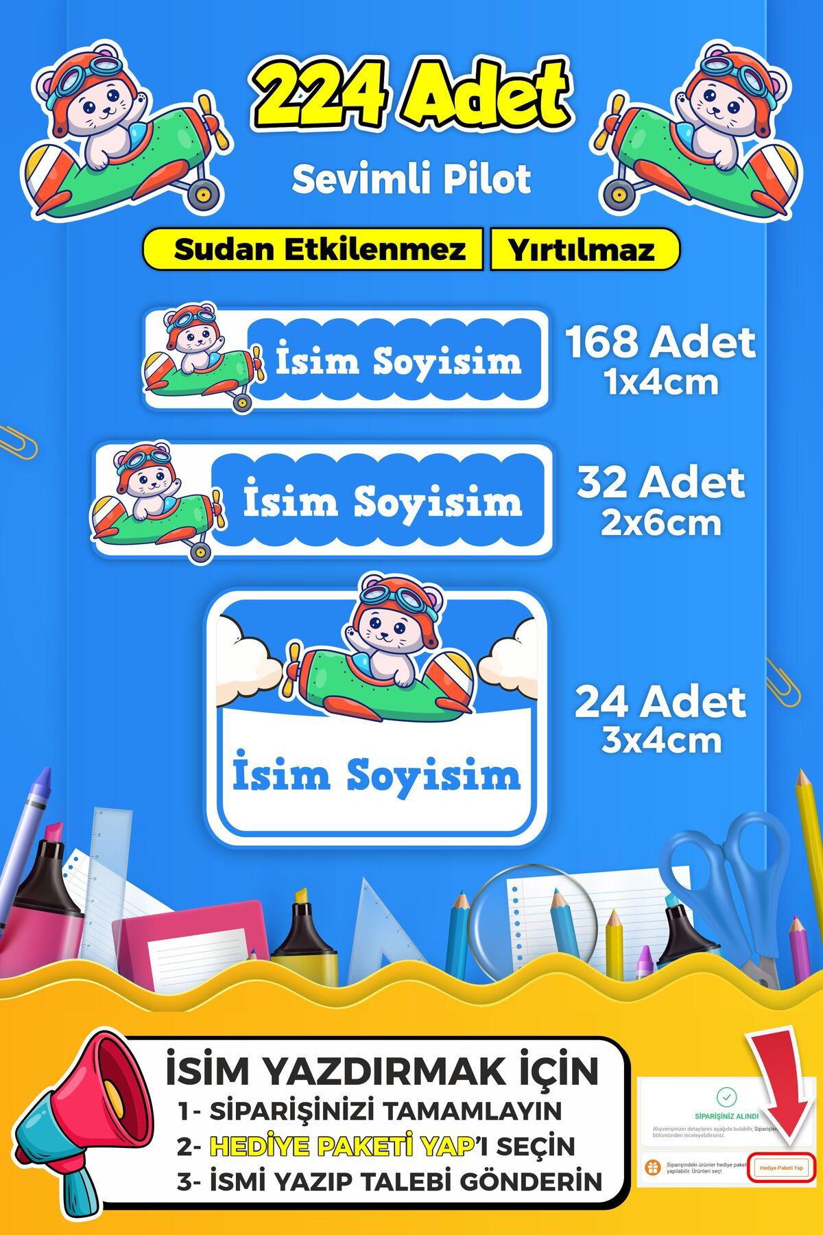 SB store Sevimli Uçaklar Temalı Okul Kreş Kişiye Özel İsim Etiket Seti - Model 339
