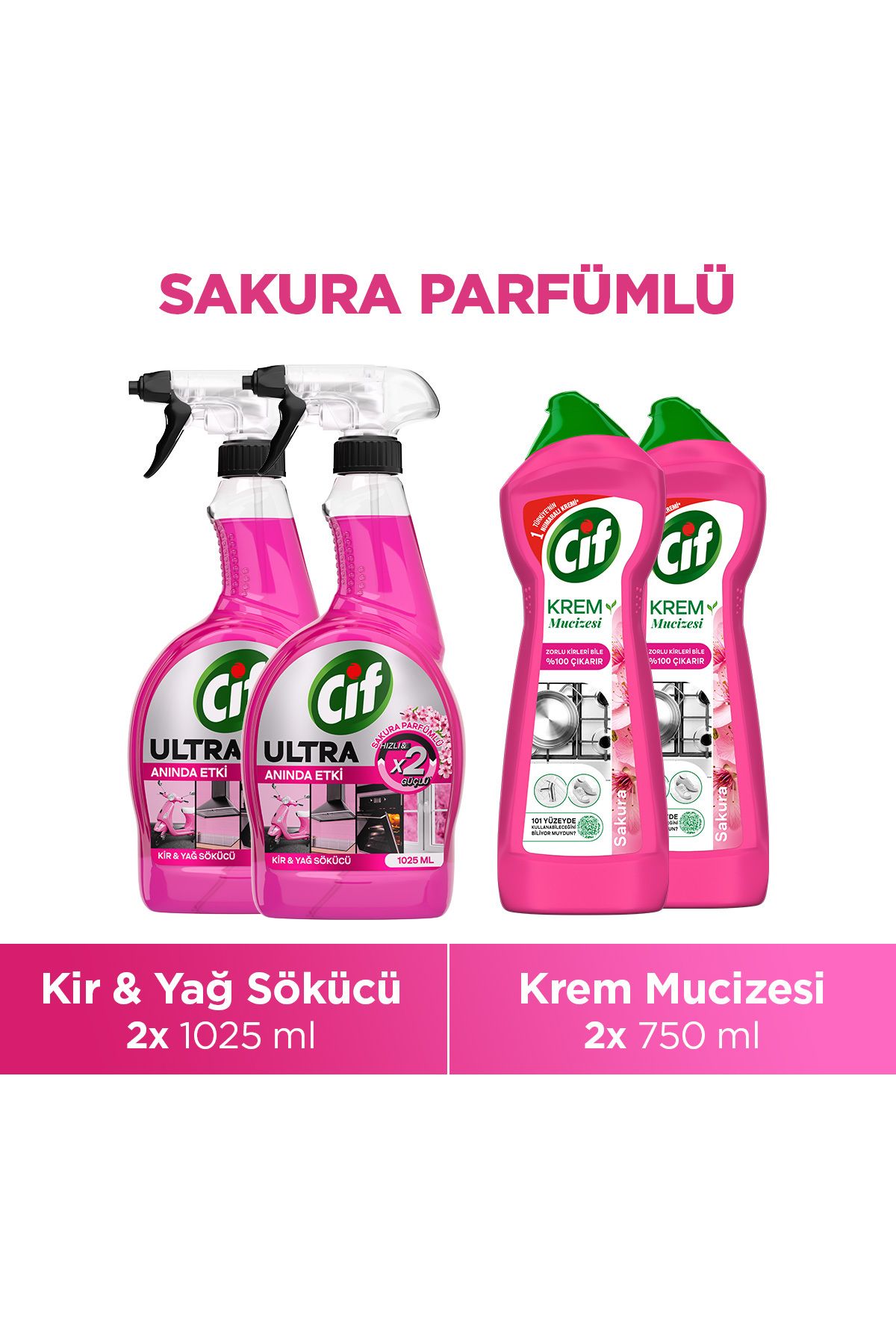 Cif Ultra Sprey Sakura Parfümlü 1025 ml x2 + Cif Krem Sakura Parfümlü 750 ml x2