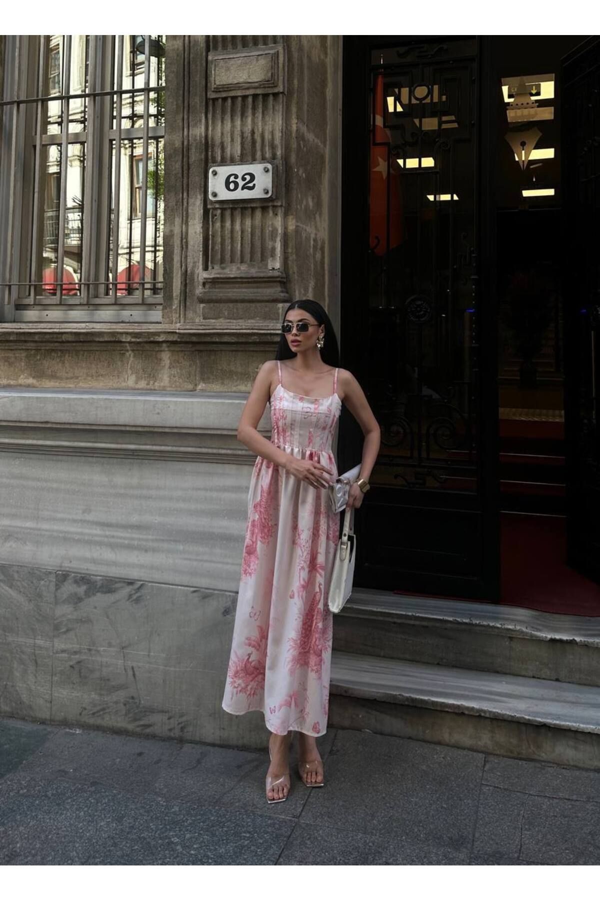 Ahzem Collection Askılı Pudra Pembe Korse Form Maxi Elbise