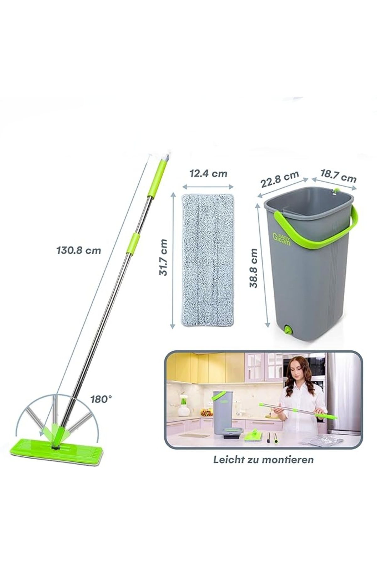Easy Gleam-Set mop și găleată, mop plat, mâner din oțel inoxidabil, găleată cu două compartimente pentru utilizare umedă și uscată, 1 buc. de rezervă 8