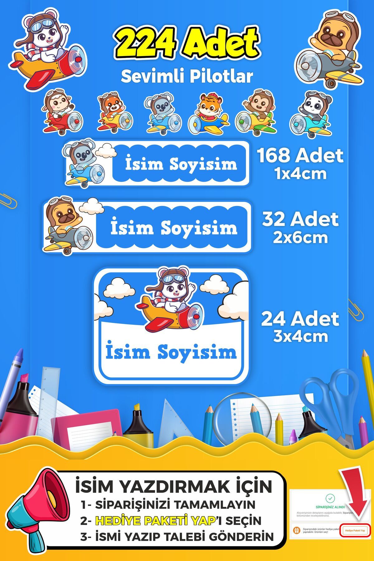 SB store Sevimli Pilot Temalı Okul Kreş Kişiye Özel İsim Etiket Seti - Model 330