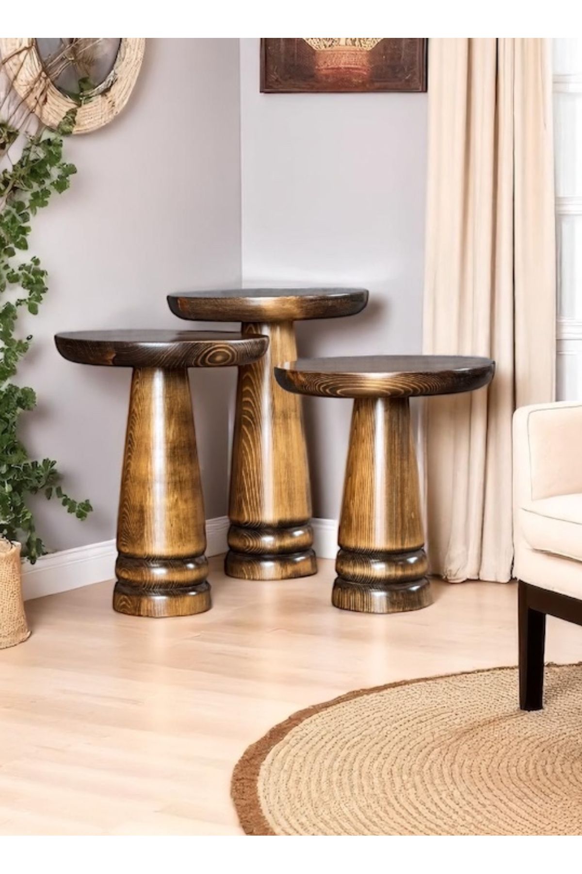 ASELYA HOME Doğal Ahşap 3’lü Set Mantar Yan Sehpa Modern Fiskos Zigon Çiçeklik